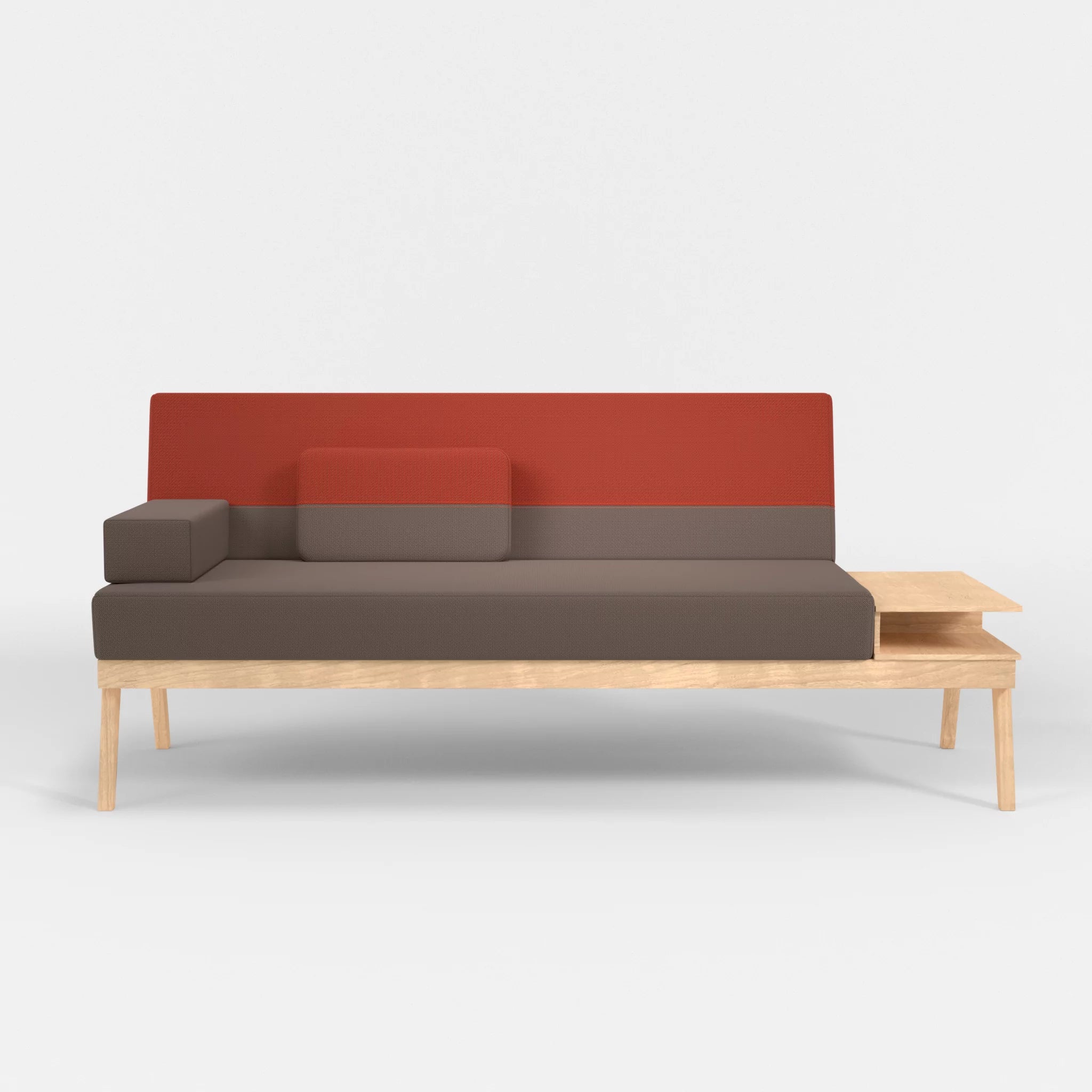 3er Sitzsofa Bauz mit Ablage rechts credowalnut-credolampion in Dunkelgrau und Rot von vorne