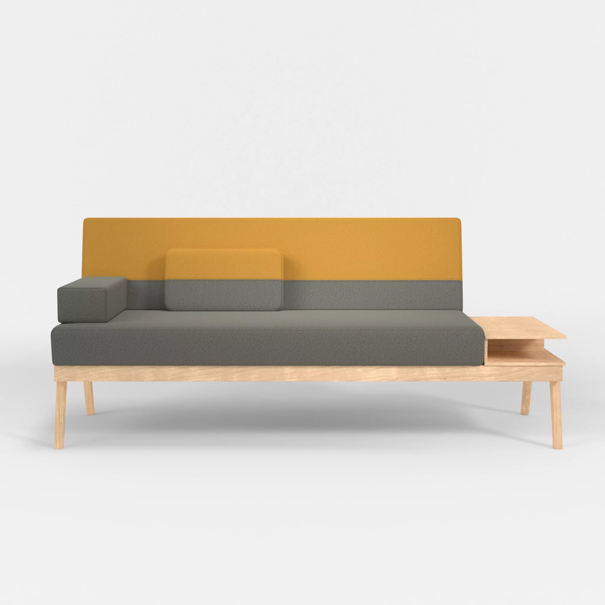 3er Sitzsofa Bauz mit Ablage rechts dama0003-dama0081 in Mittelgrau und Curry von vorne