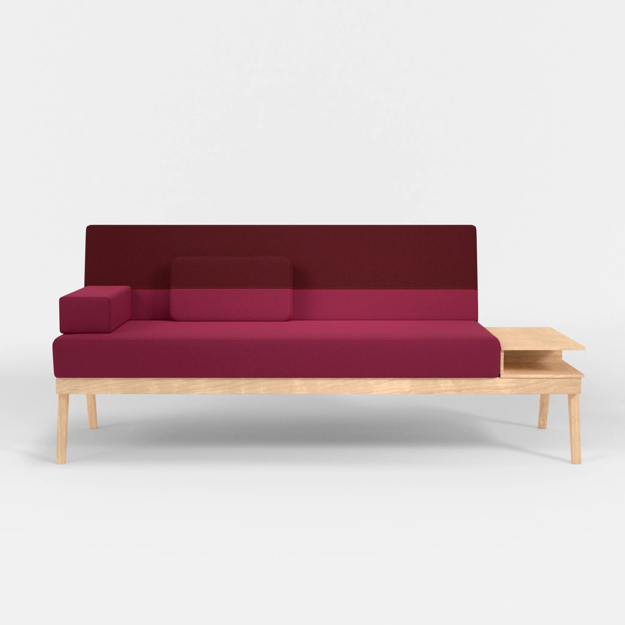 3er Sitzsofa Bauz mit Ablage rechts dama0034-dama0050 in Bordeaux und Fuchsia von vorne