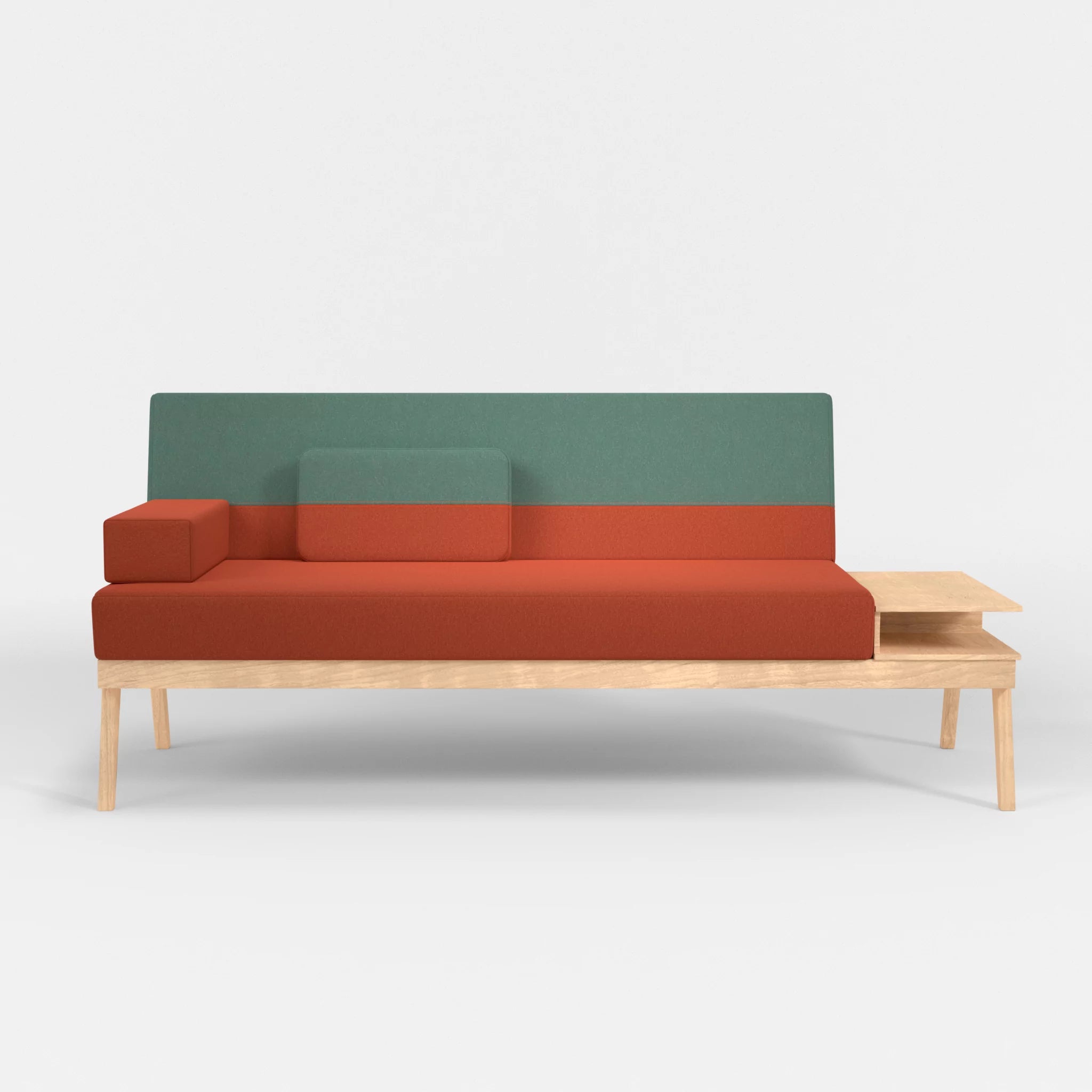 3er Sitzsofa Bauz mit Ablage rechts dama0062-dama0045 in Orange und Türkis von vorne