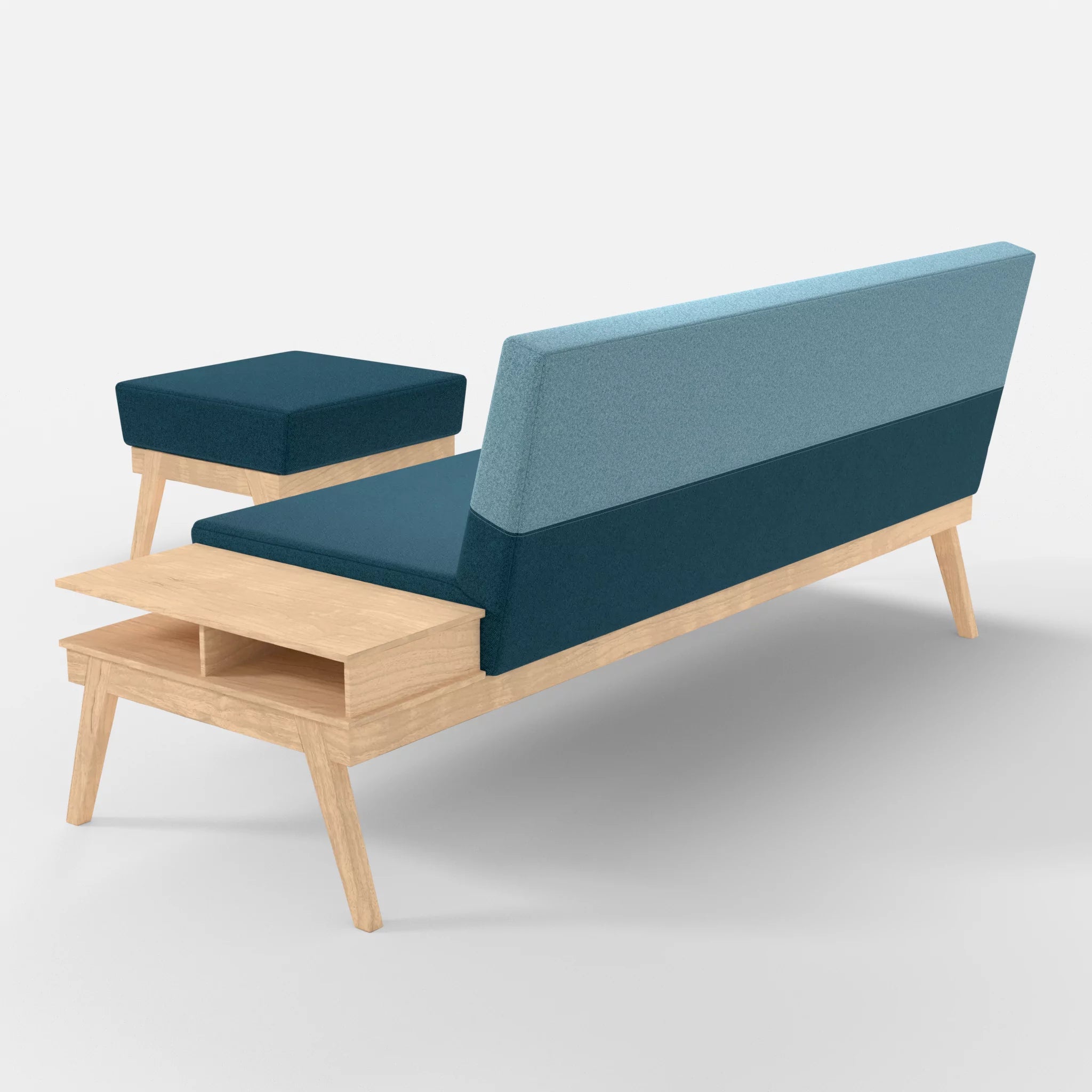 3er Sitzsofa Bauz mit Ablage rechts und Pouf celia0203-celia0209 in Blau und Türkis von hinten