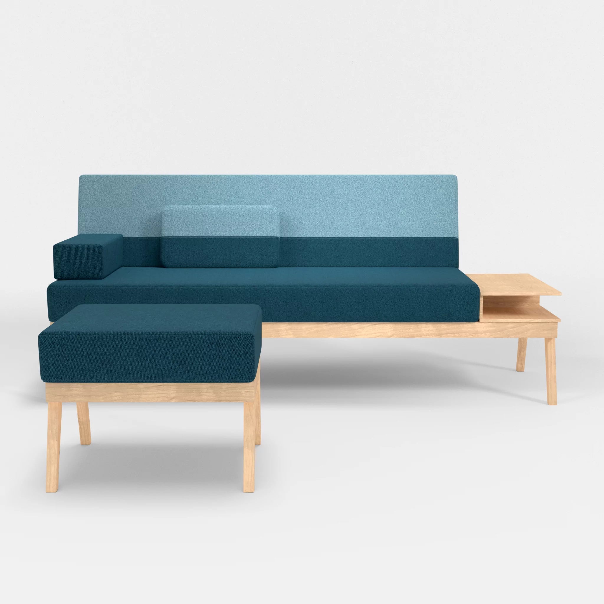 3er Sitzsofa Bauz mit Ablage rechts und Pouf celia0203-celia0209 in Blau und Türkis von vorne