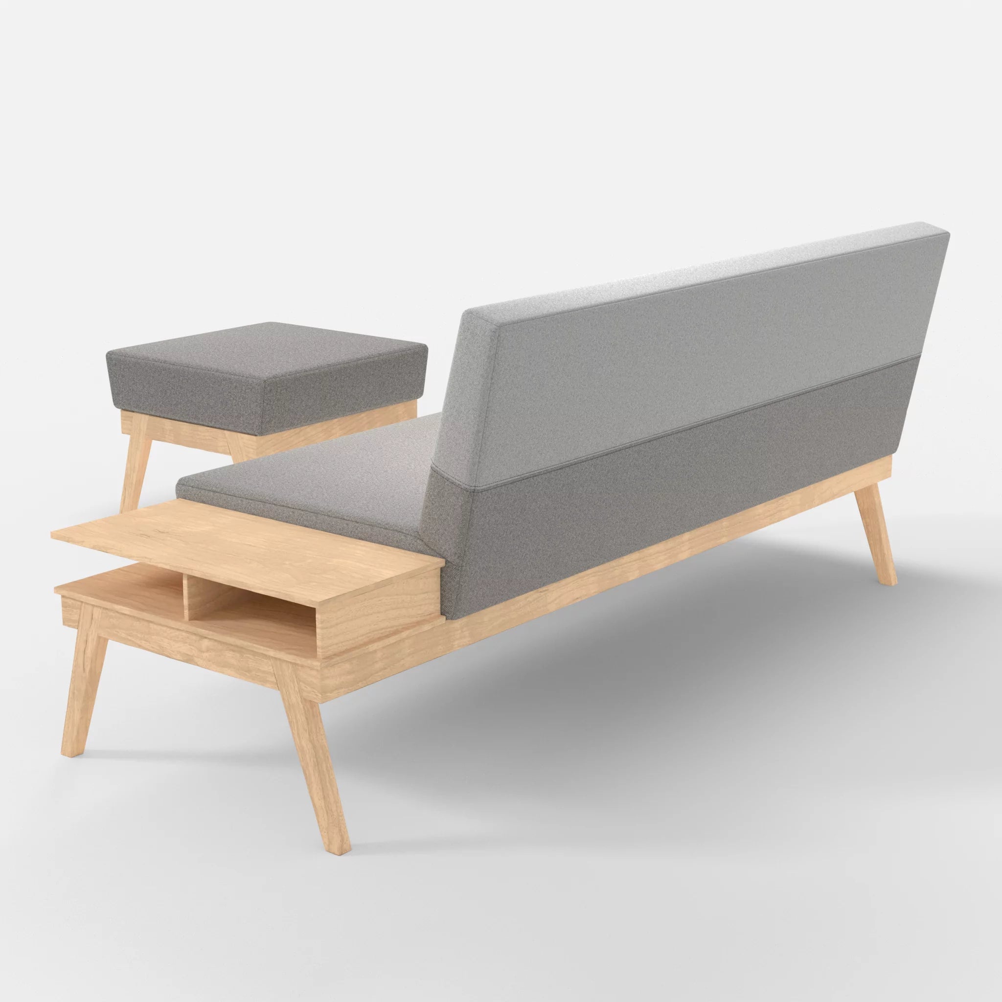 3er Sitzsofa Bauz mit Ablage rechts und Pouf celia0208-celia0204 in Mittelgrau und Hellgrau von hinten