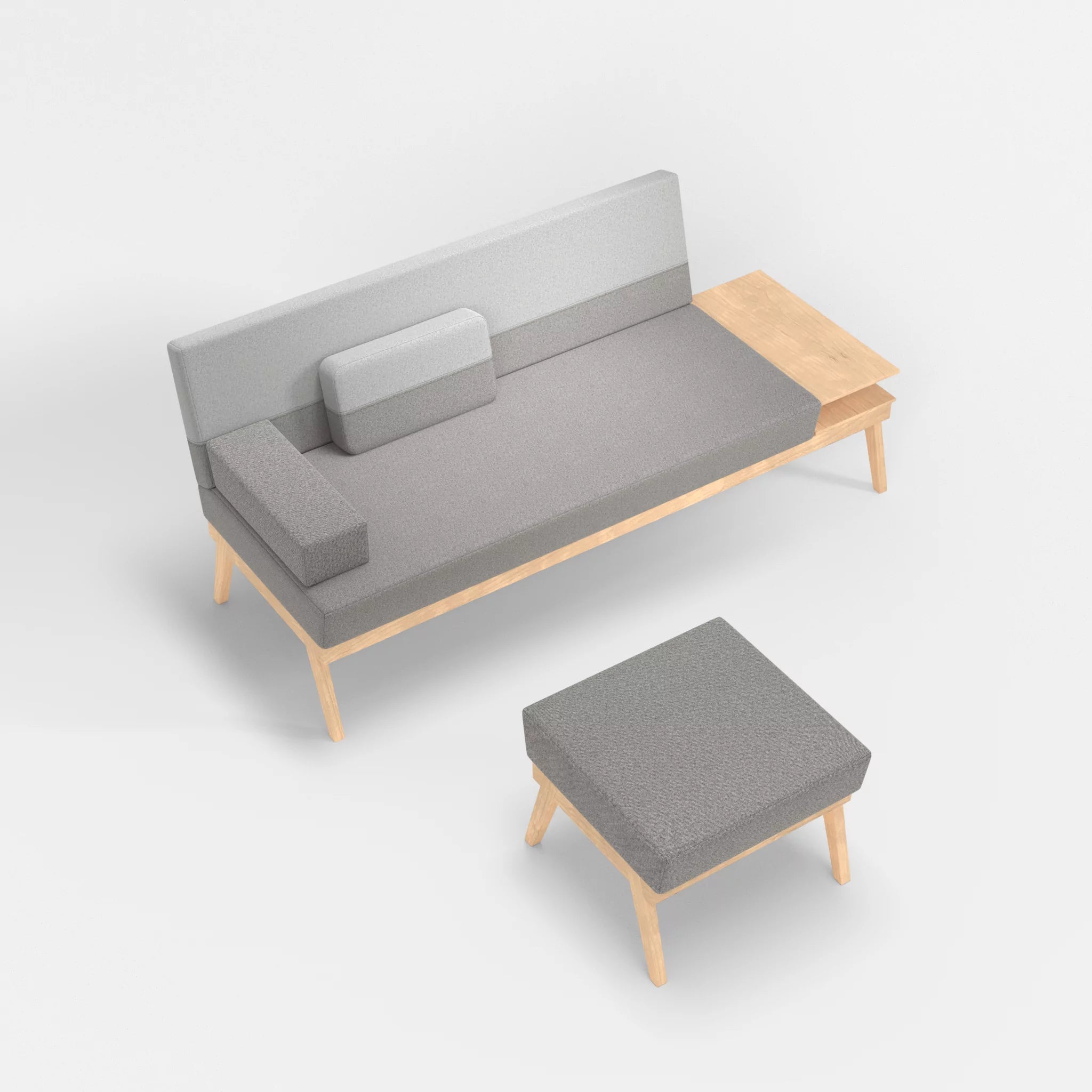 3er Sitzsofa Bauz mit Ablage rechts und Pouf celia0208-celia0204 in Mittelgrau und Hellgrau von oben