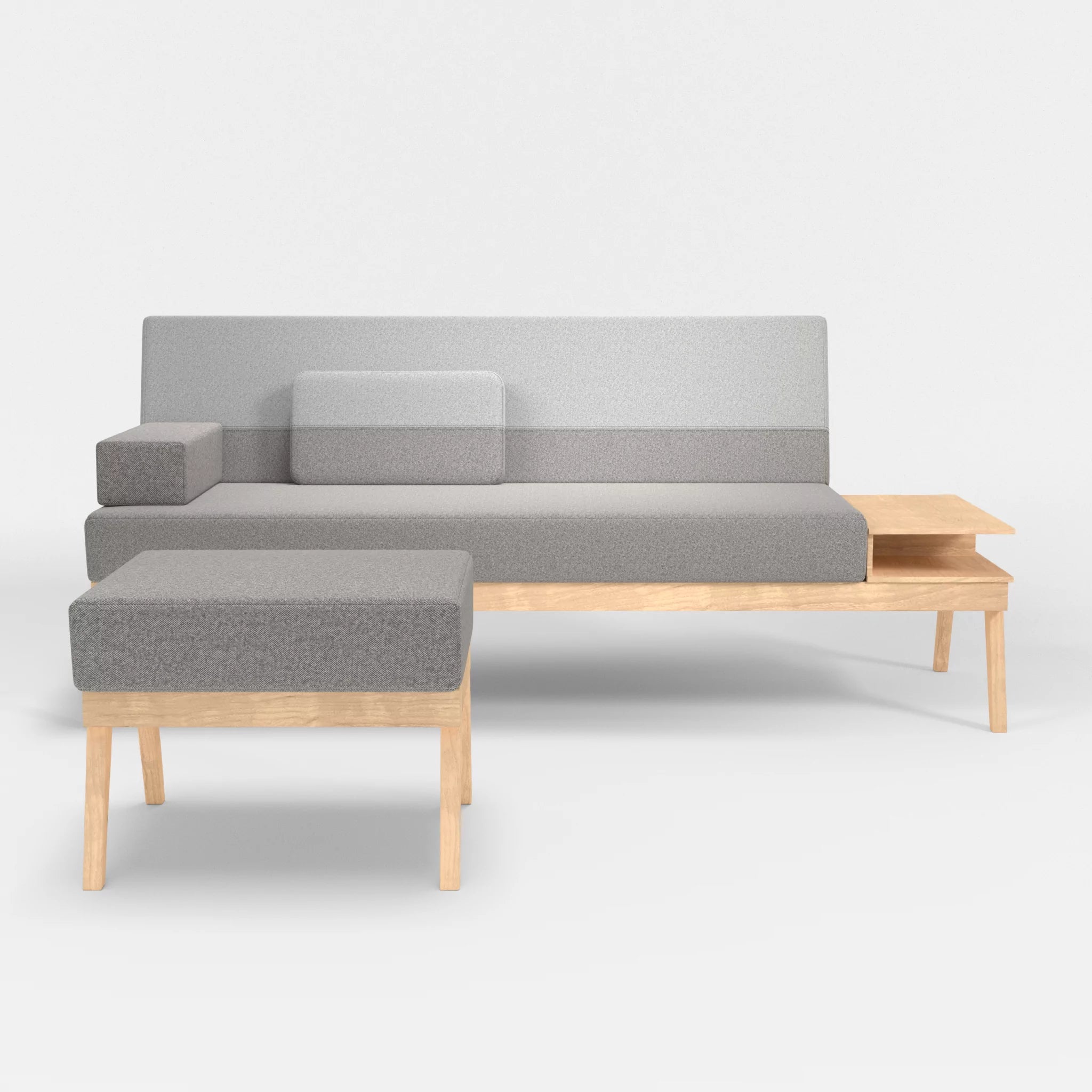 3er Sitzsofa Bauz mit Ablage rechts und Pouf celia0208-celia0204 in Mittelgrau und Hellgrau von vorne