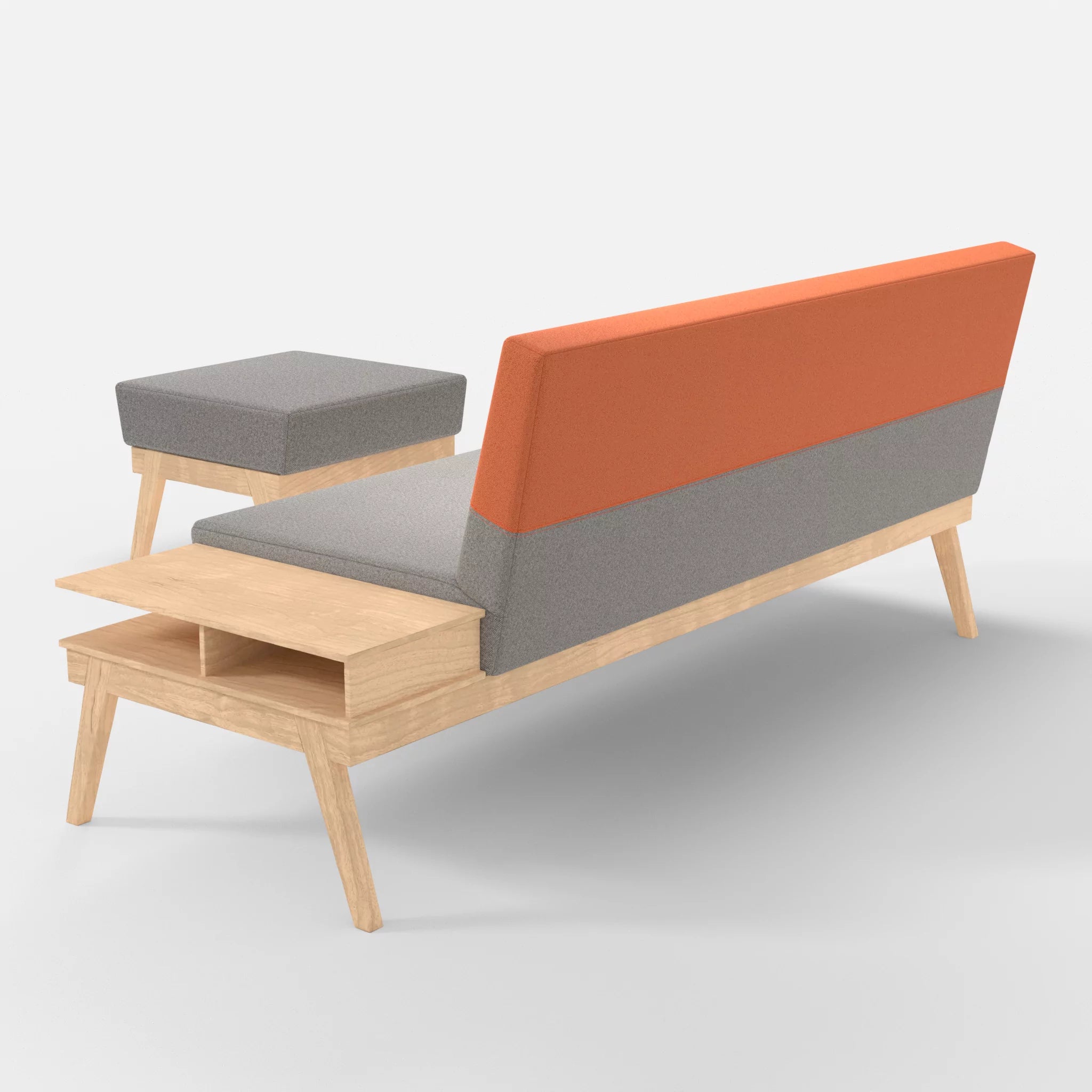 3er Sitzsofa Bauz mit Ablage rechts und Pouf celia0208-celia0215 in Mittelgrau und Orange von hinten