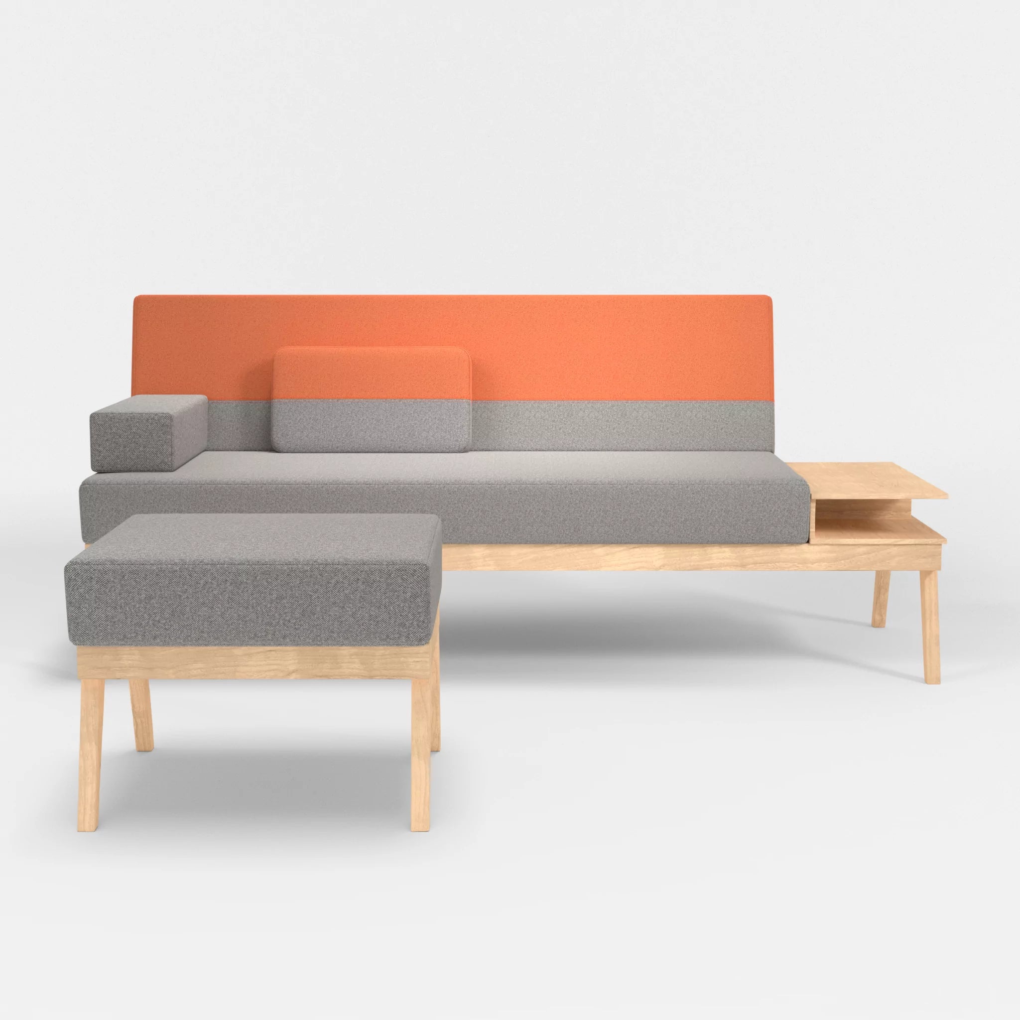 3er Sitzsofa Bauz mit Ablage rechts und Pouf celia0208-celia0215 in Mittelgrau und Orange von vorne