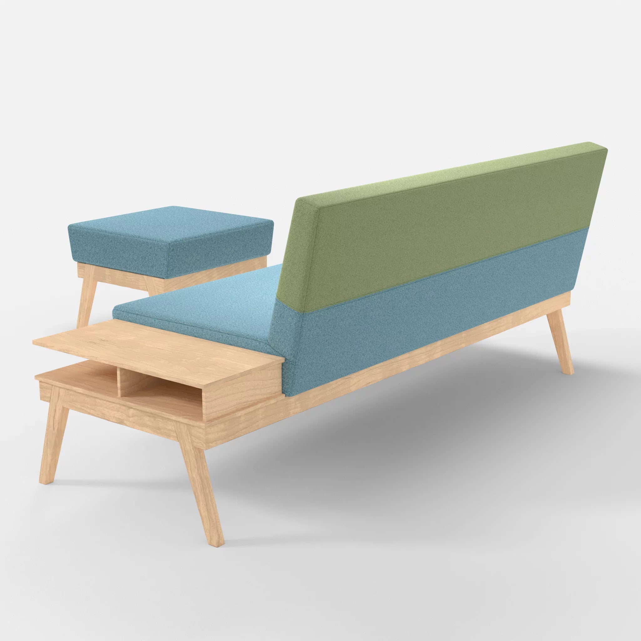 3er Sitzsofa Bauz mit Ablage rechts und Pouf celia0209-celia0213 in Türkis und Hellgrün von hinten