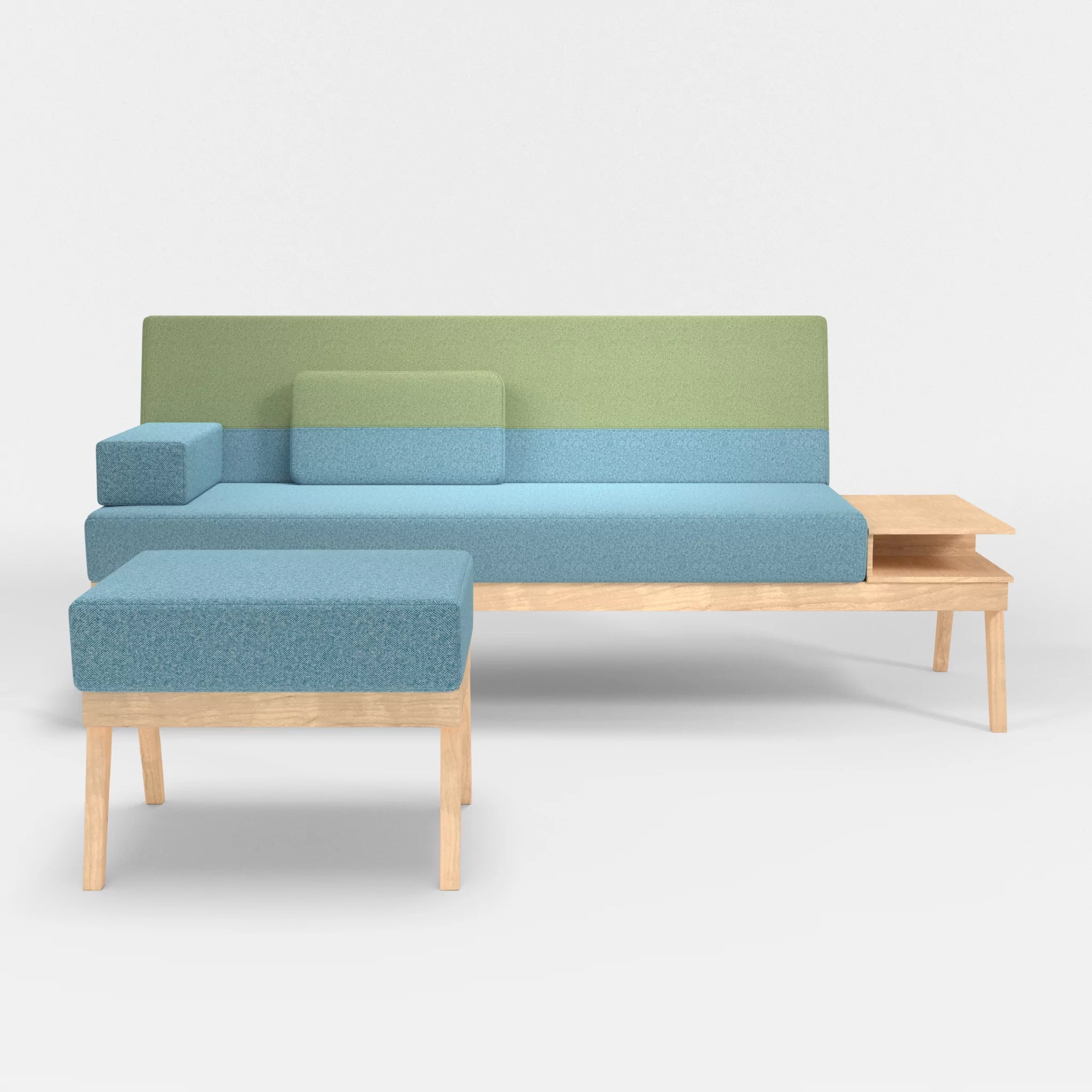 3er Sitzsofa Bauz mit Ablage rechts und Pouf celia0209-celia0213 in Türkis und Hellgrün von vorne