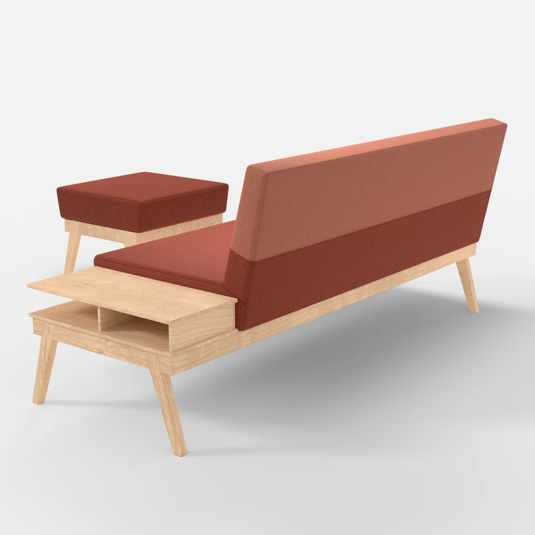 3er Sitzsofa Bauz mit Ablage rechts und Pouf celia0214-celia0217 in Terracotta und Orange von hinten