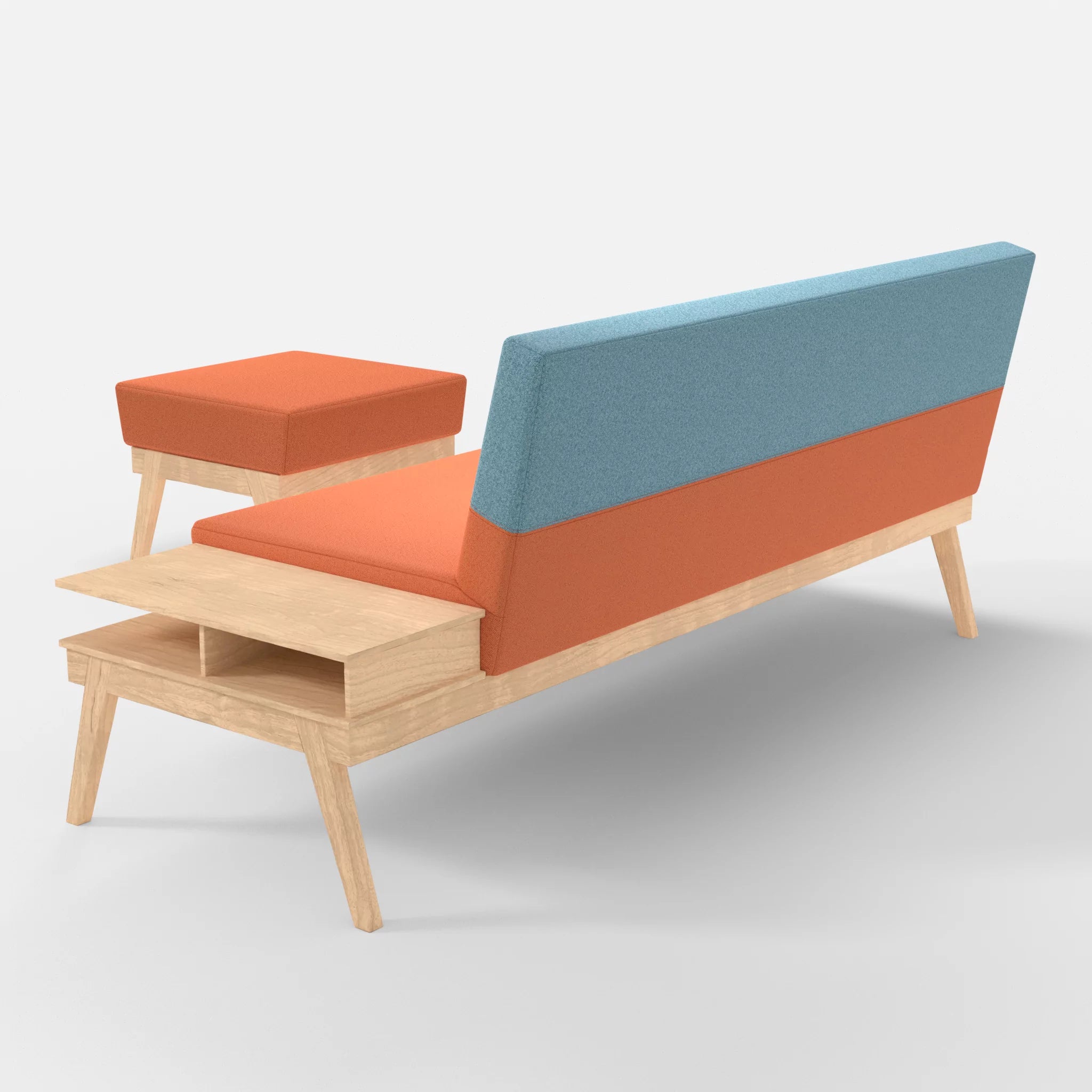 3er Sitzsofa Bauz mit Ablage rechts und Pouf celia0215-celia0209 in Orange und Türkis von hinten
