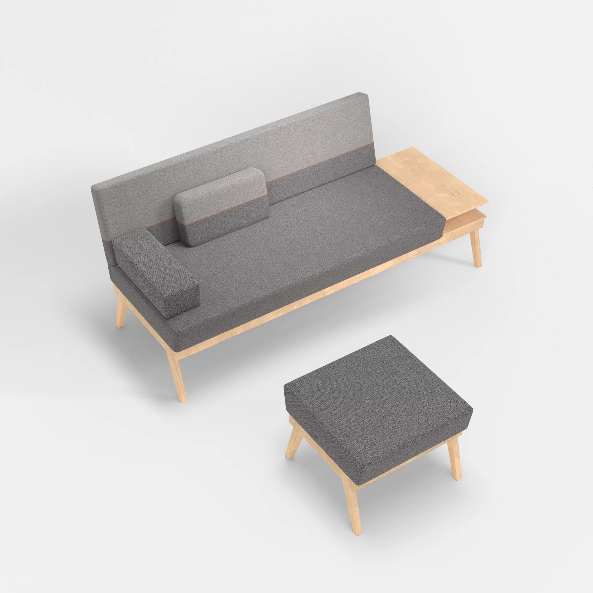 3er Sitzsofa Bauz mit Ablage rechts und Pouf celia0218-celia0208 in Dunkelgrau und Mittelgrau von oben
