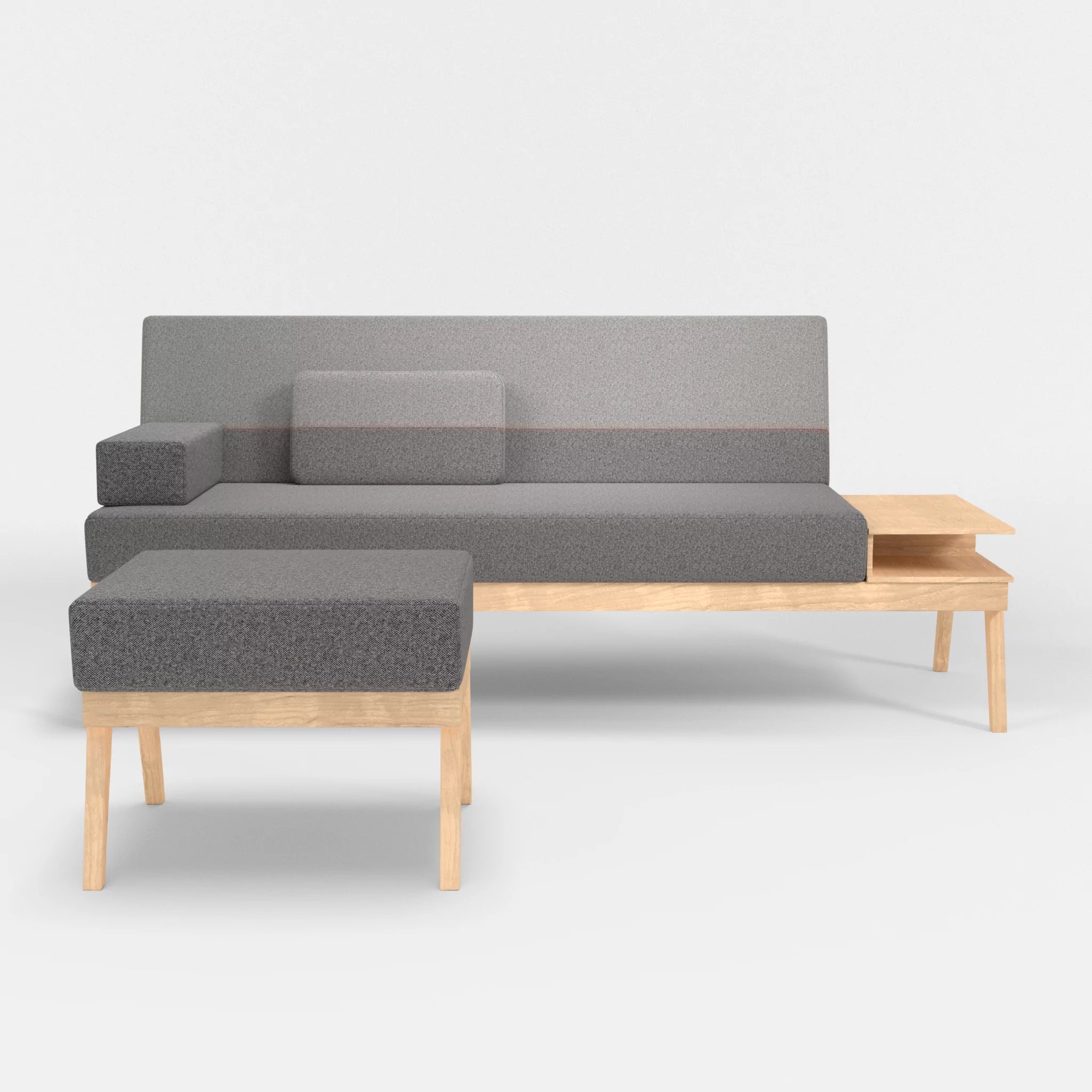 3er Sitzsofa Bauz mit Ablage rechts und Pouf celia0218-celia0208 in Dunkelgrau und Mittelgrau von vorne