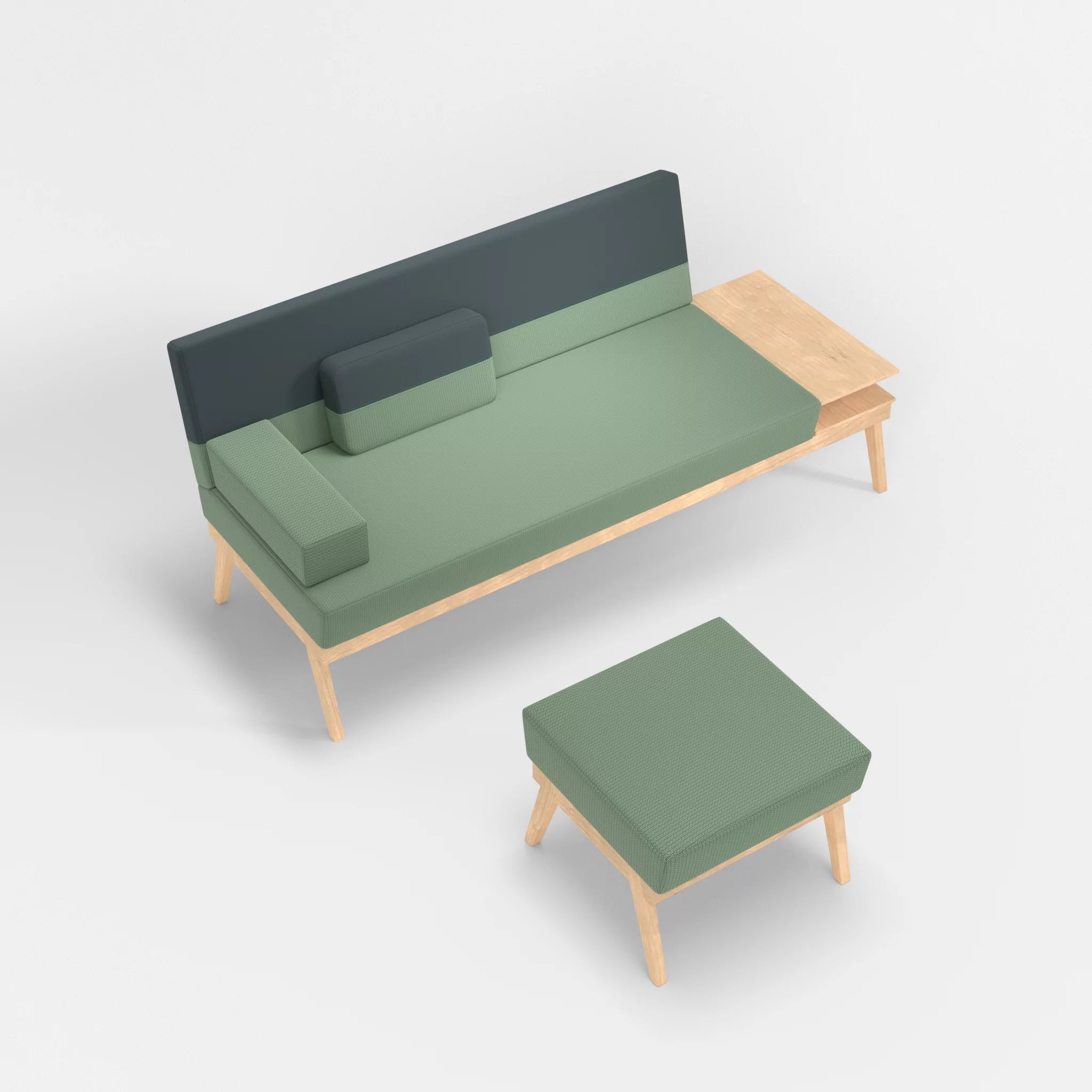 3er Sitzsofa Bauz mit Ablage rechts und Pouf credoaloe-credojaspis in Hellgrün und Türkis von oben