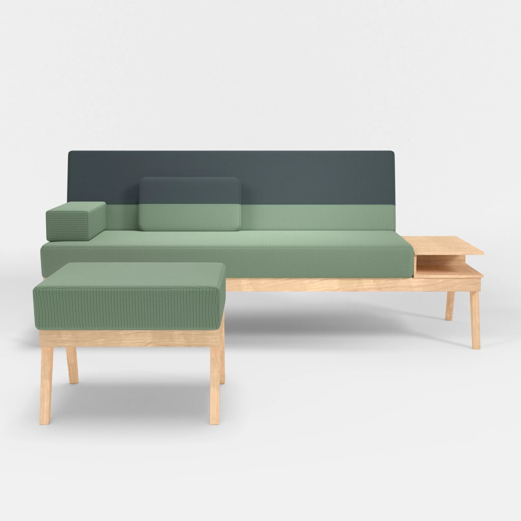 3er Sitzsofa Bauz mit Ablage rechts und Pouf credoaloe-credojaspis in Hellgrün und Türkis von vorne