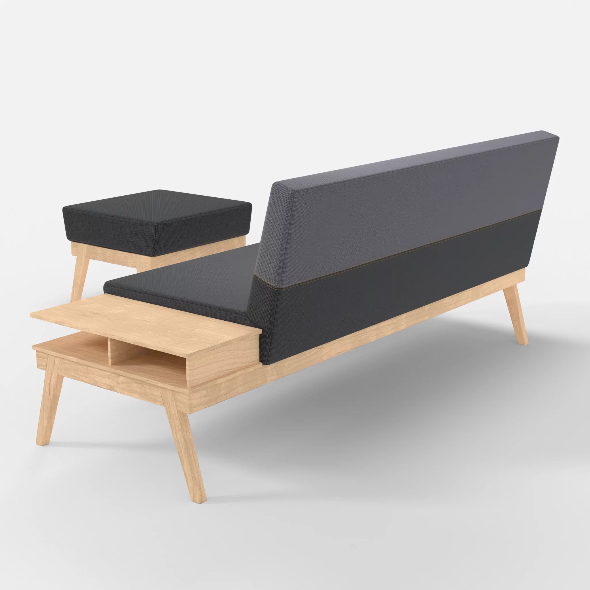 3er Sitzsofa Bauz mit Ablage rechts und Pouf credoasphalt-credocarbon in Anthrazit und Dunkelgrau von hinten