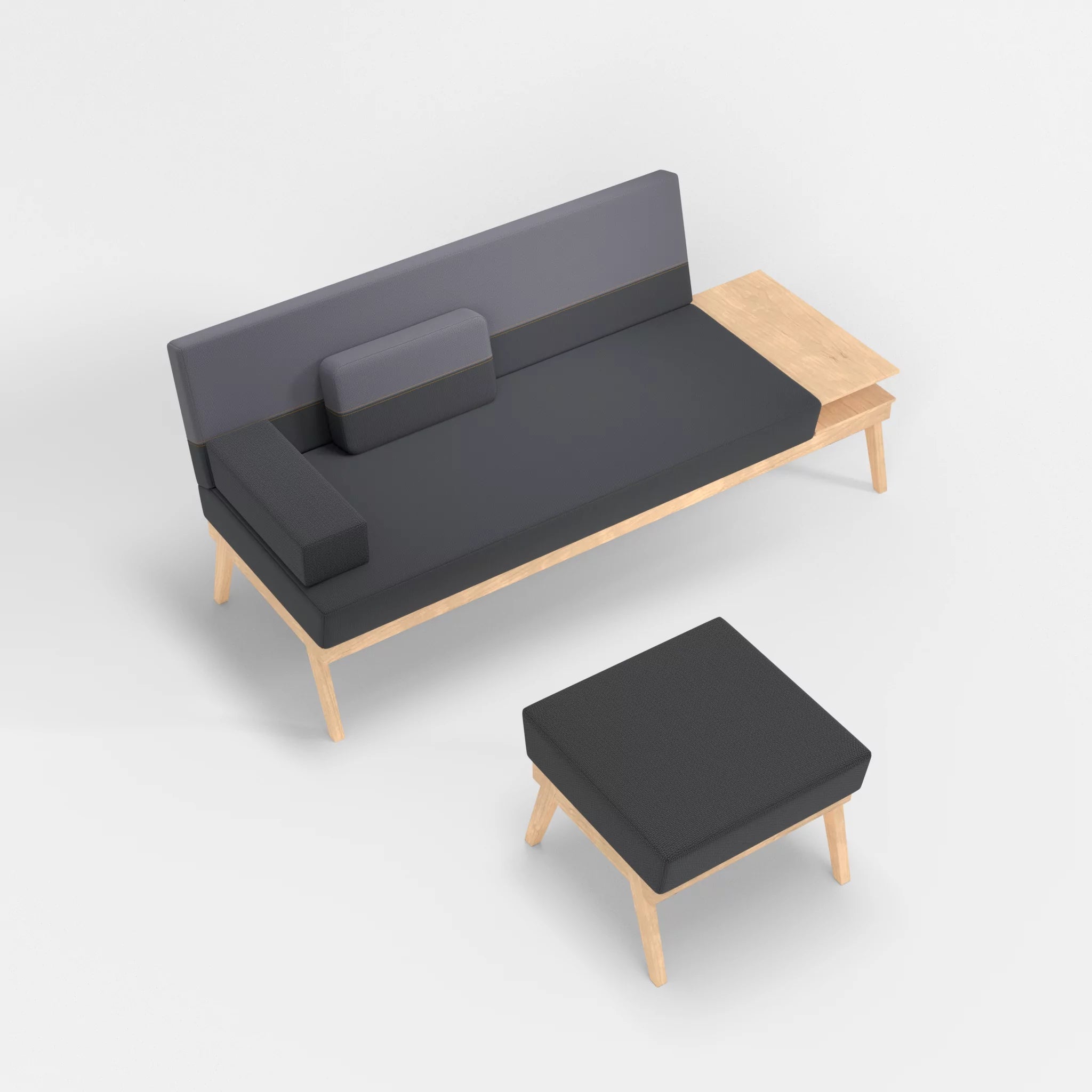 3er Sitzsofa Bauz mit Ablage rechts und Pouf credoasphalt-credocarbon in Anthrazit und Dunkelgrau von oben