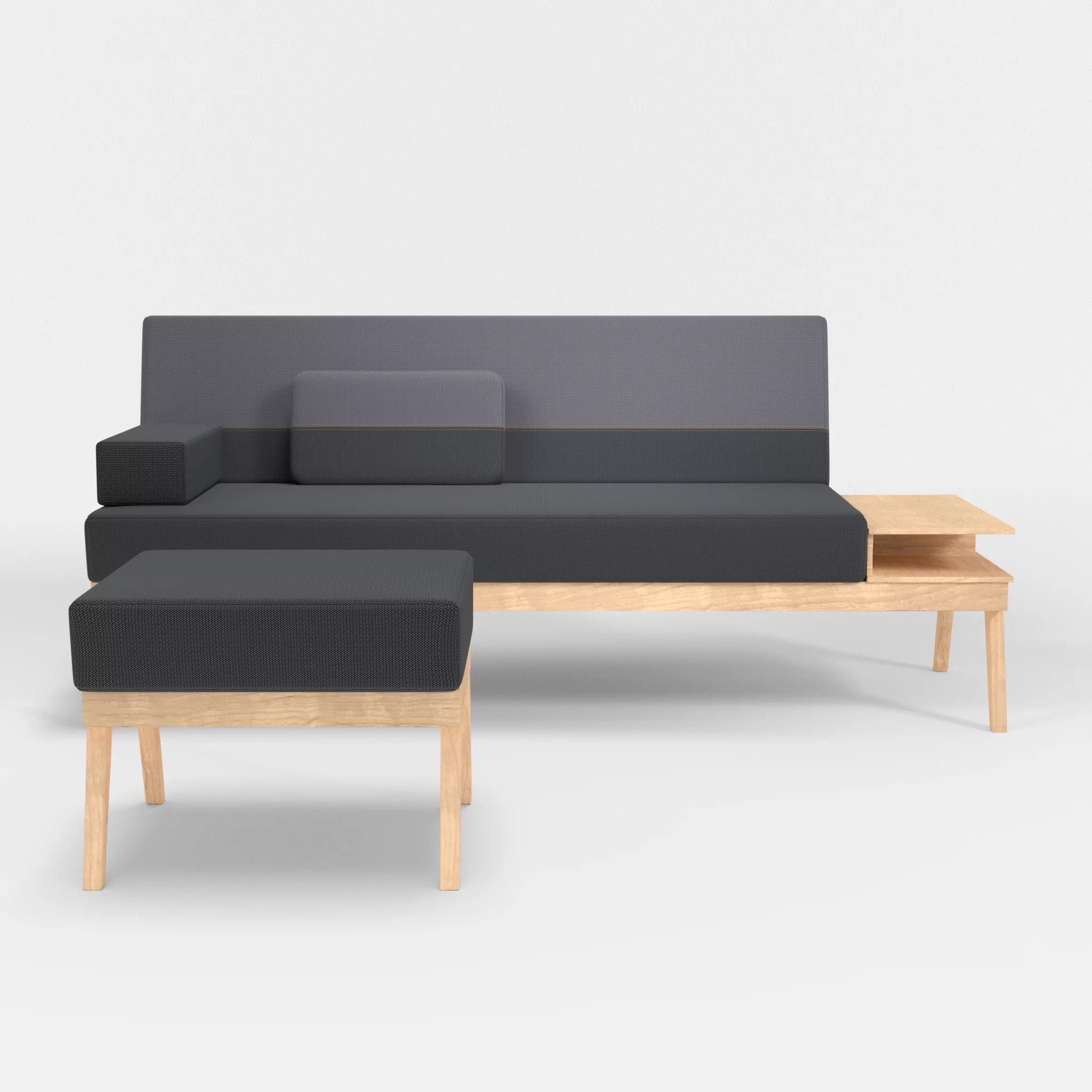3er Sitzsofa Bauz mit Ablage rechts und Pouf credoasphalt-credocarbon in Anthrazit und Dunkelgrau von vorne