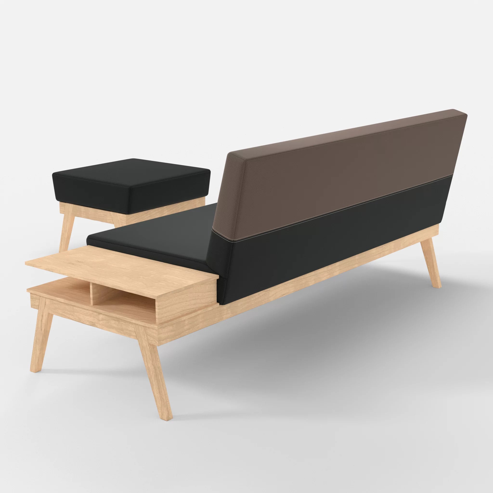 3er Sitzsofa Bauz mit Ablage rechts und Pouf credoblack-credowalnut in Schwarz und Dunkelgrau von hinten