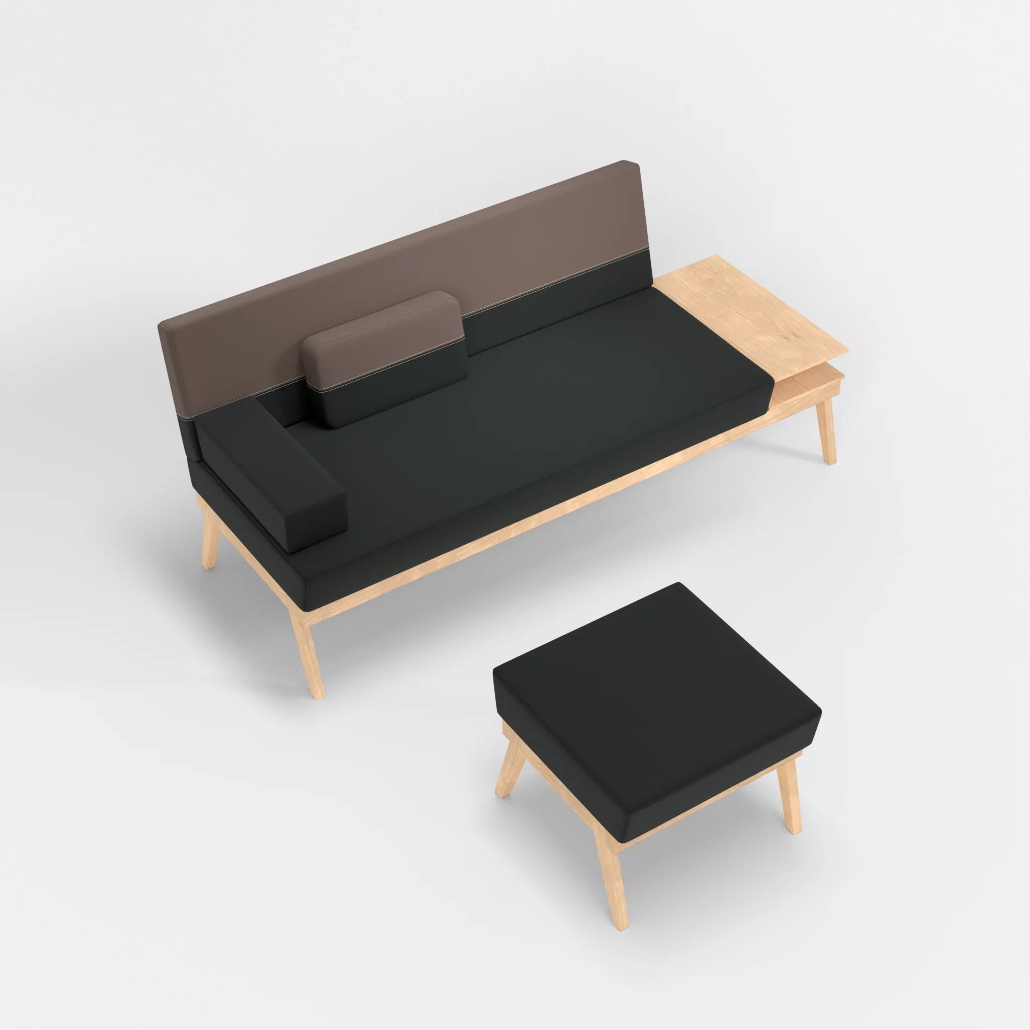 3er Sitzsofa Bauz mit Ablage rechts und Pouf credoblack-credowalnut in Schwarz und Dunkelgrau von oben