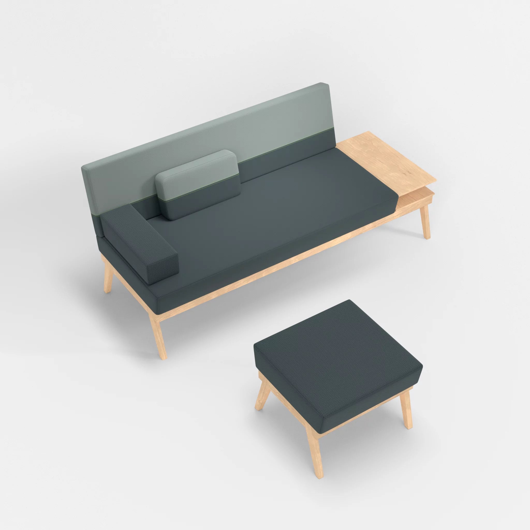 3er Sitzsofa Bauz mit Ablage rechts und Pouf credojaspis-credolake in Türkis und Graublau von oben