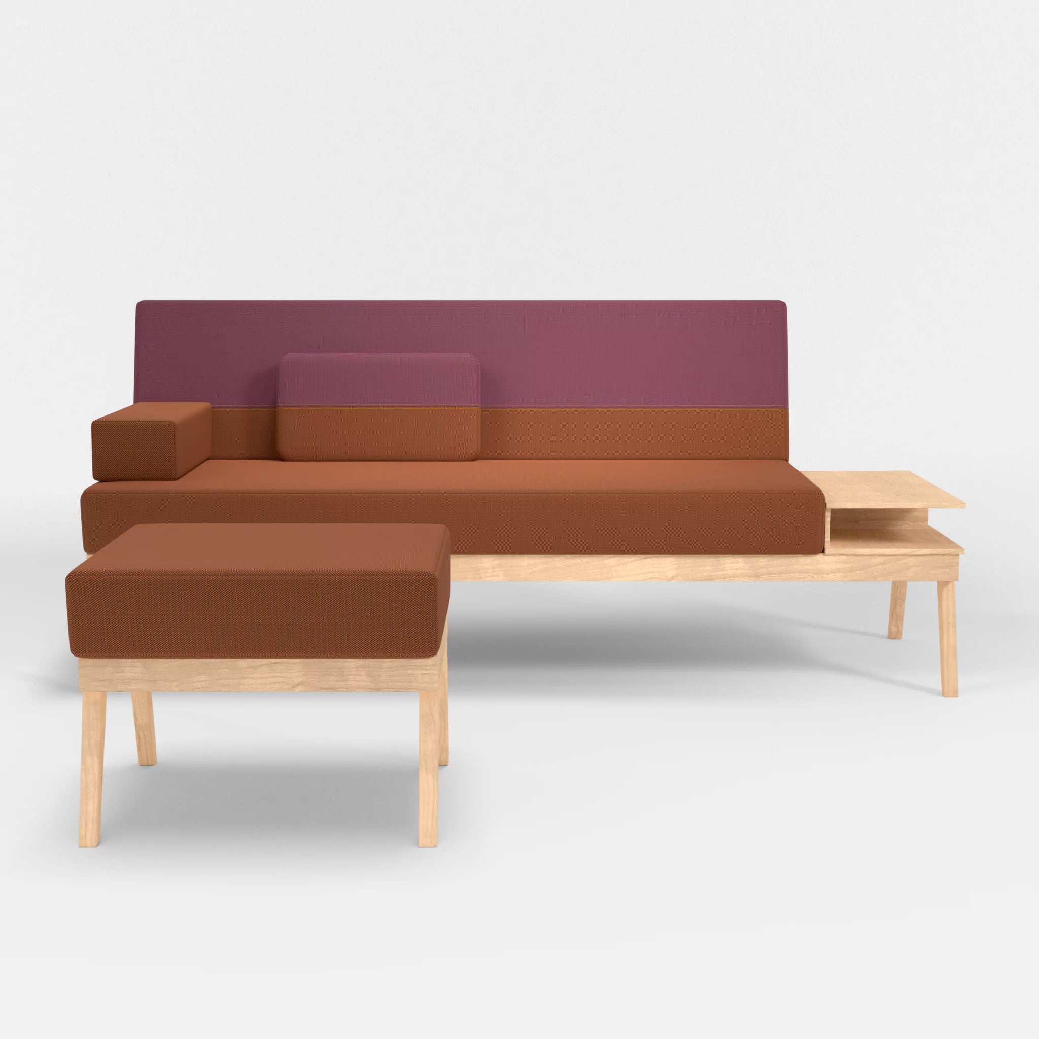 3er Sitzsofa Bauz mit Ablage rechts und Pouf credokupfer-credobreva in Braun und Violett von vorne