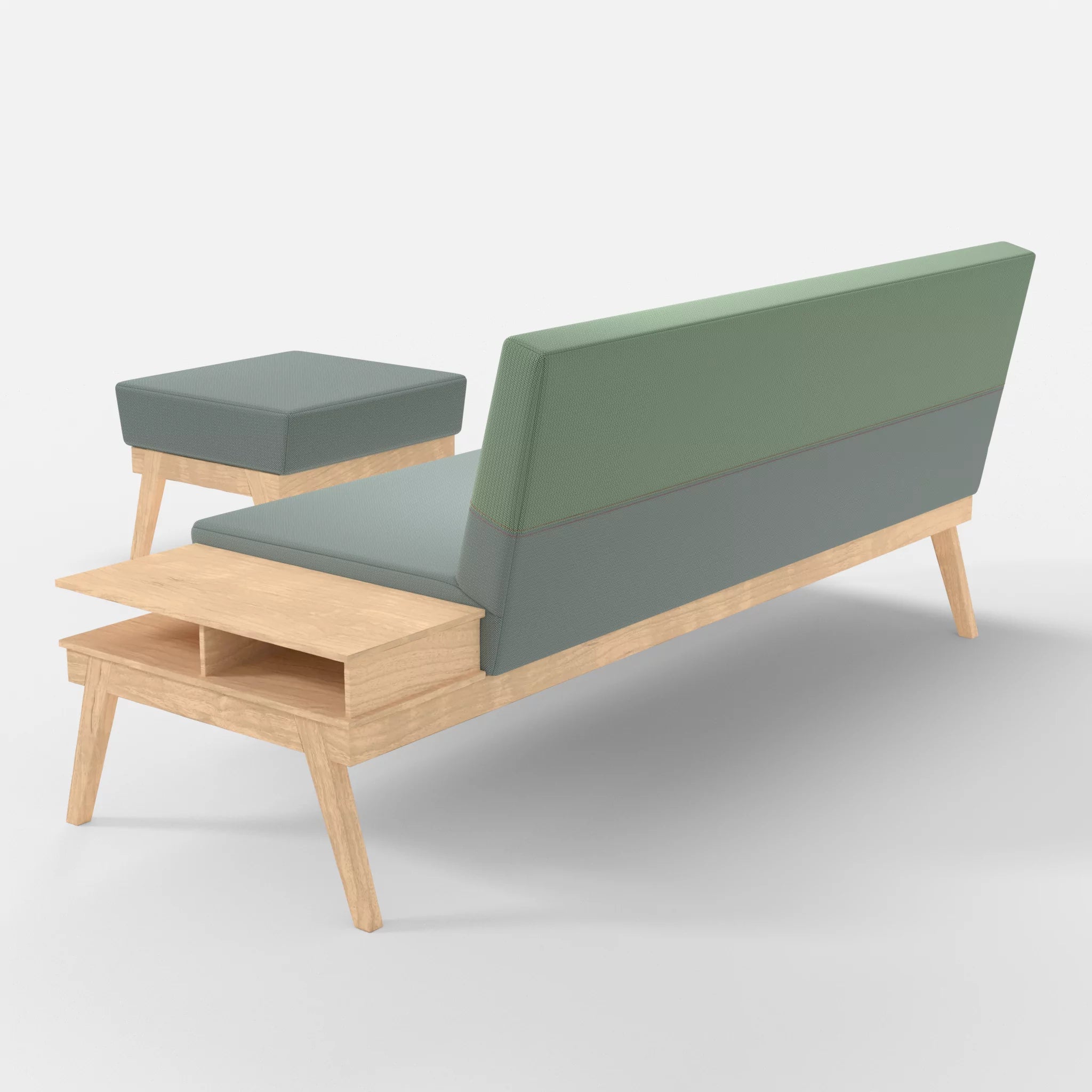 3er Sitzsofa Bauz mit Ablage rechts und Pouf credolake-credoaloe in Graublau und Hellgrün von hinten