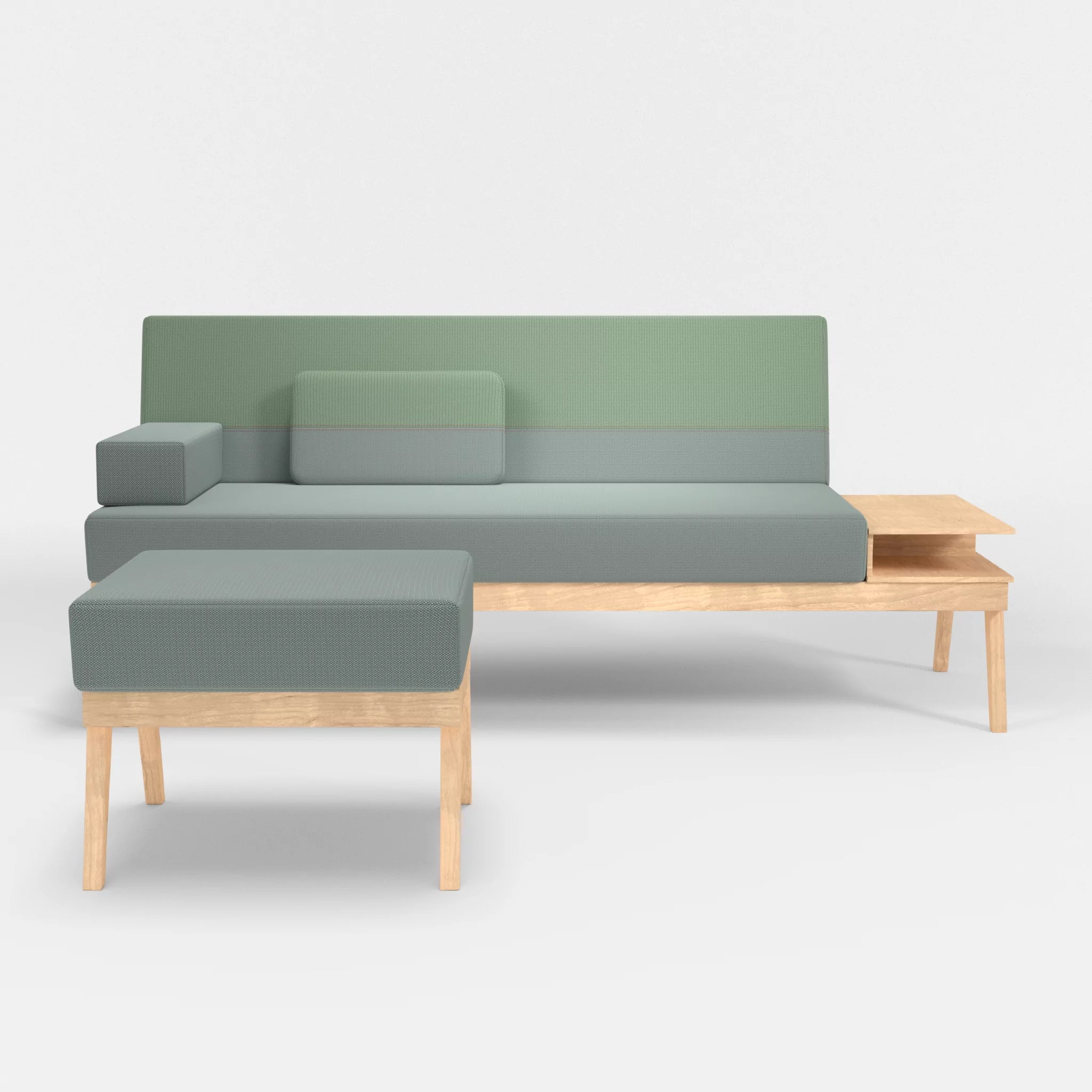 3er Sitzsofa Bauz mit Ablage rechts und Pouf credolake-credoaloe in Graublau und Hellgrün von vorne