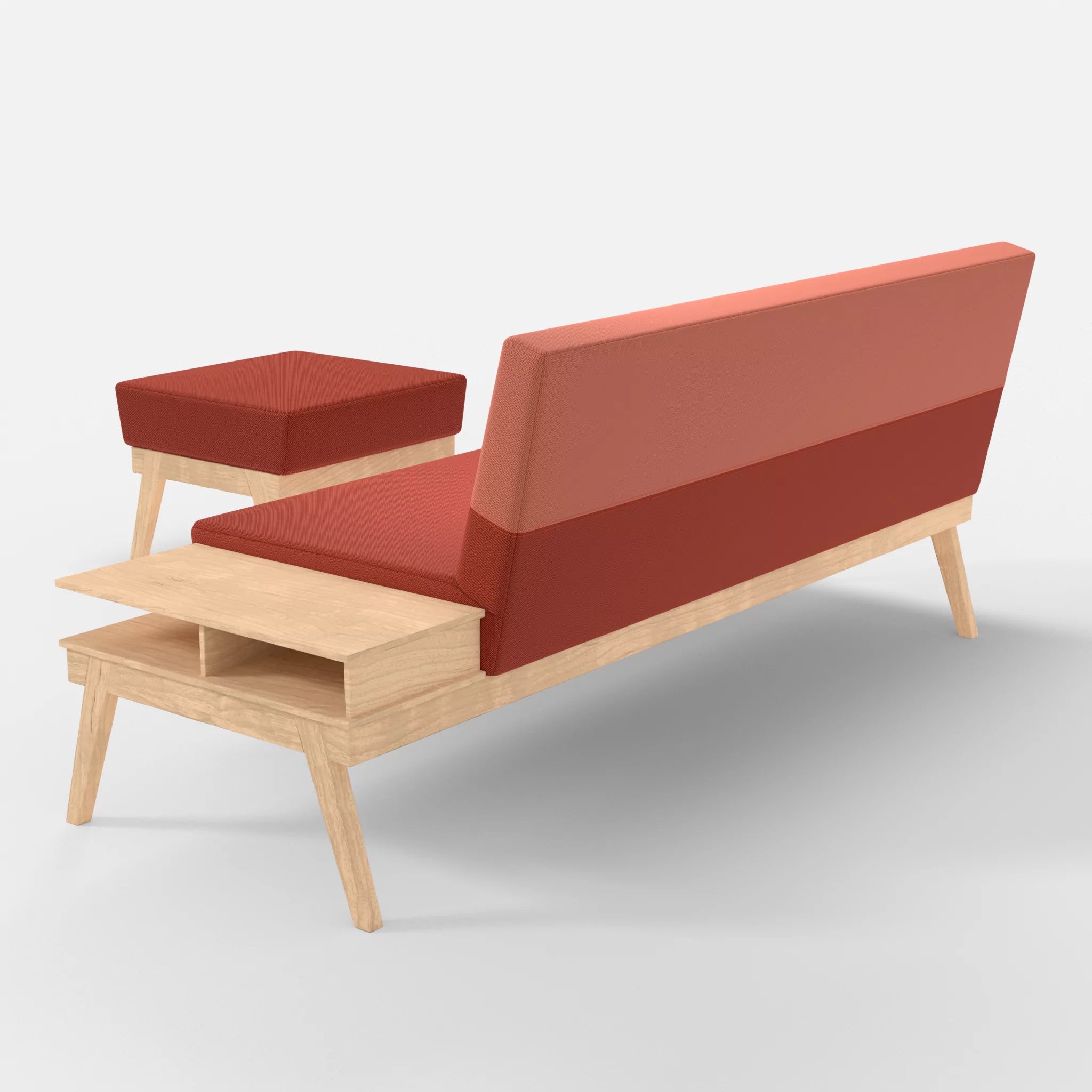 3er Sitzsofa Bauz mit Ablage rechts und Pouf credolampion-credograpefruit in Rot und Coral von hinten