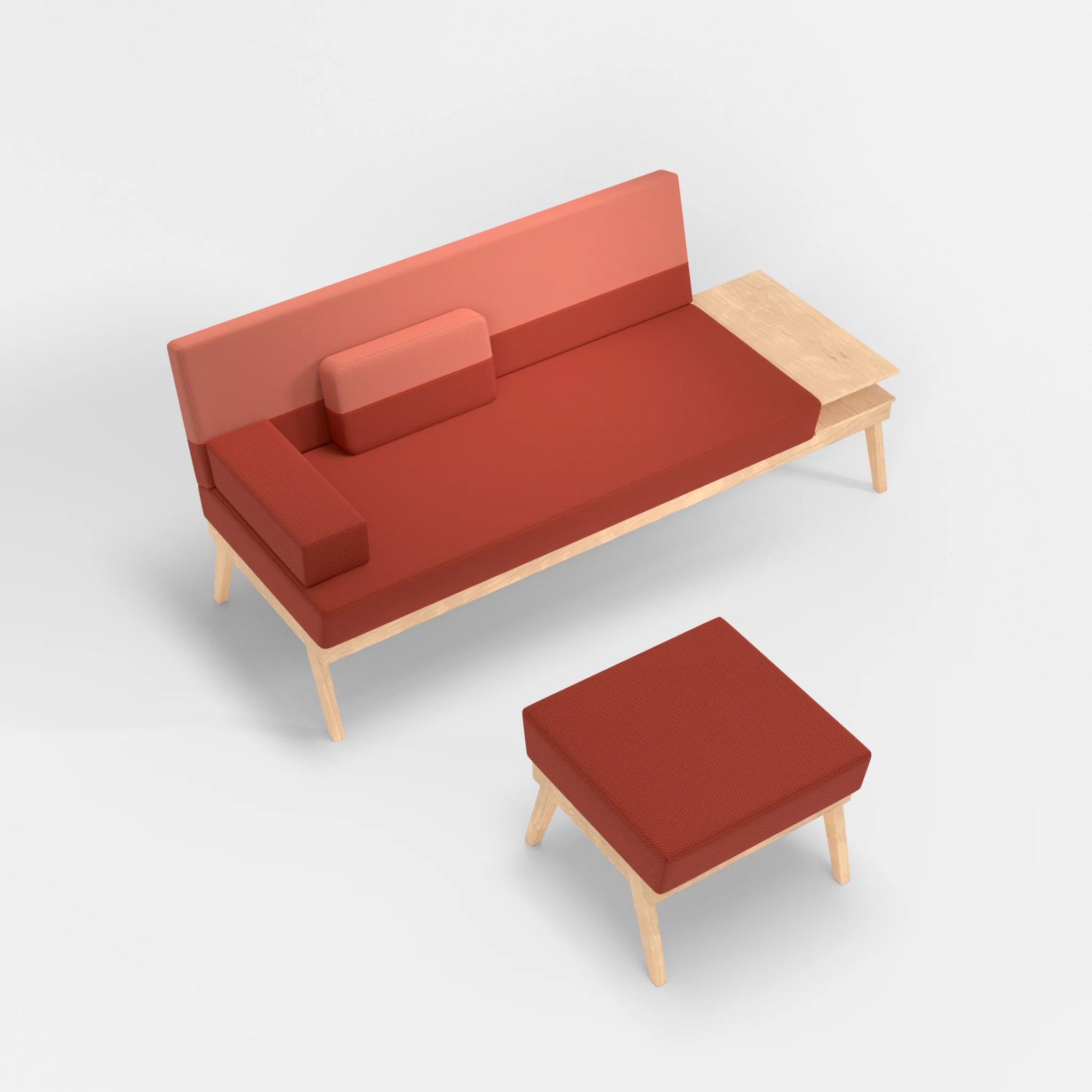 3er Sitzsofa Bauz mit Ablage rechts und Pouf credolampion-credograpefruit in Rot und Coral von oben