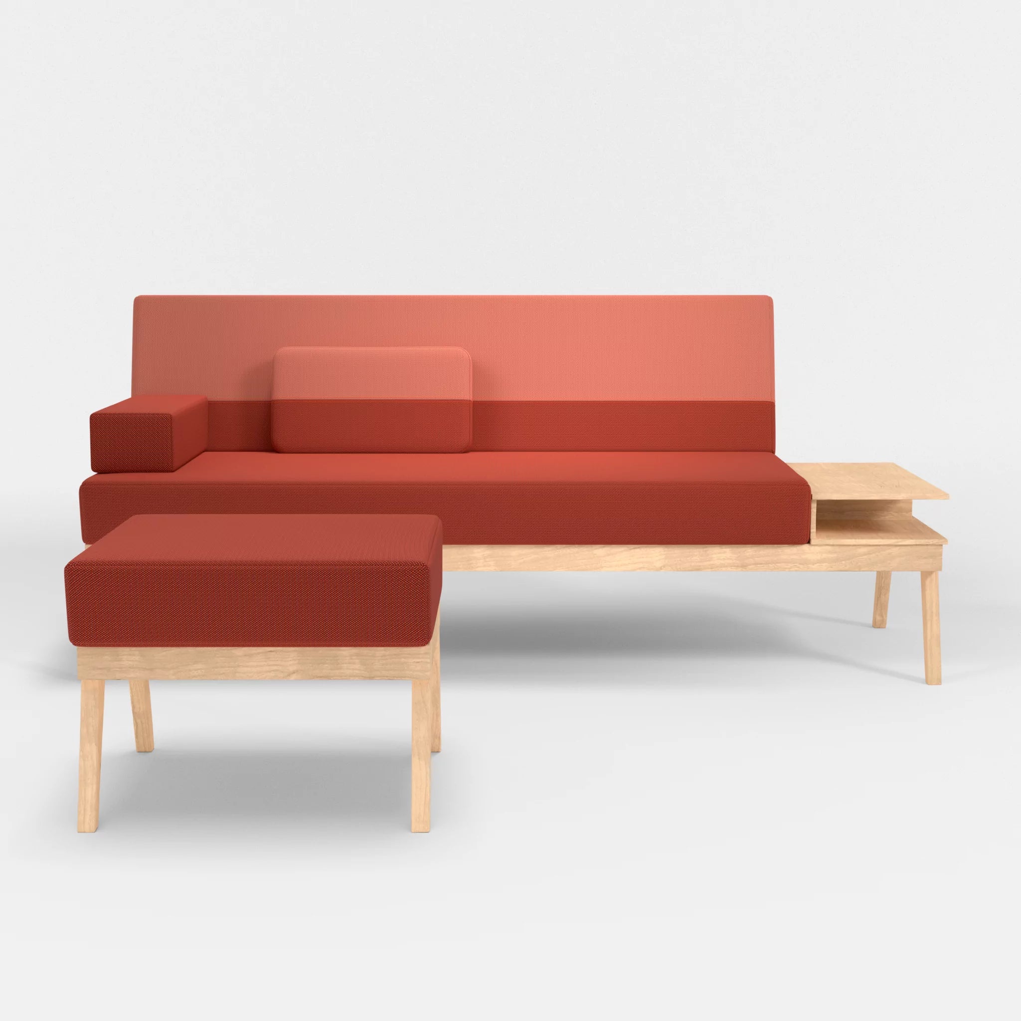 3er Sitzsofa Bauz mit Ablage rechts und Pouf credolampion-credograpefruit in Rot und Coral von vorne