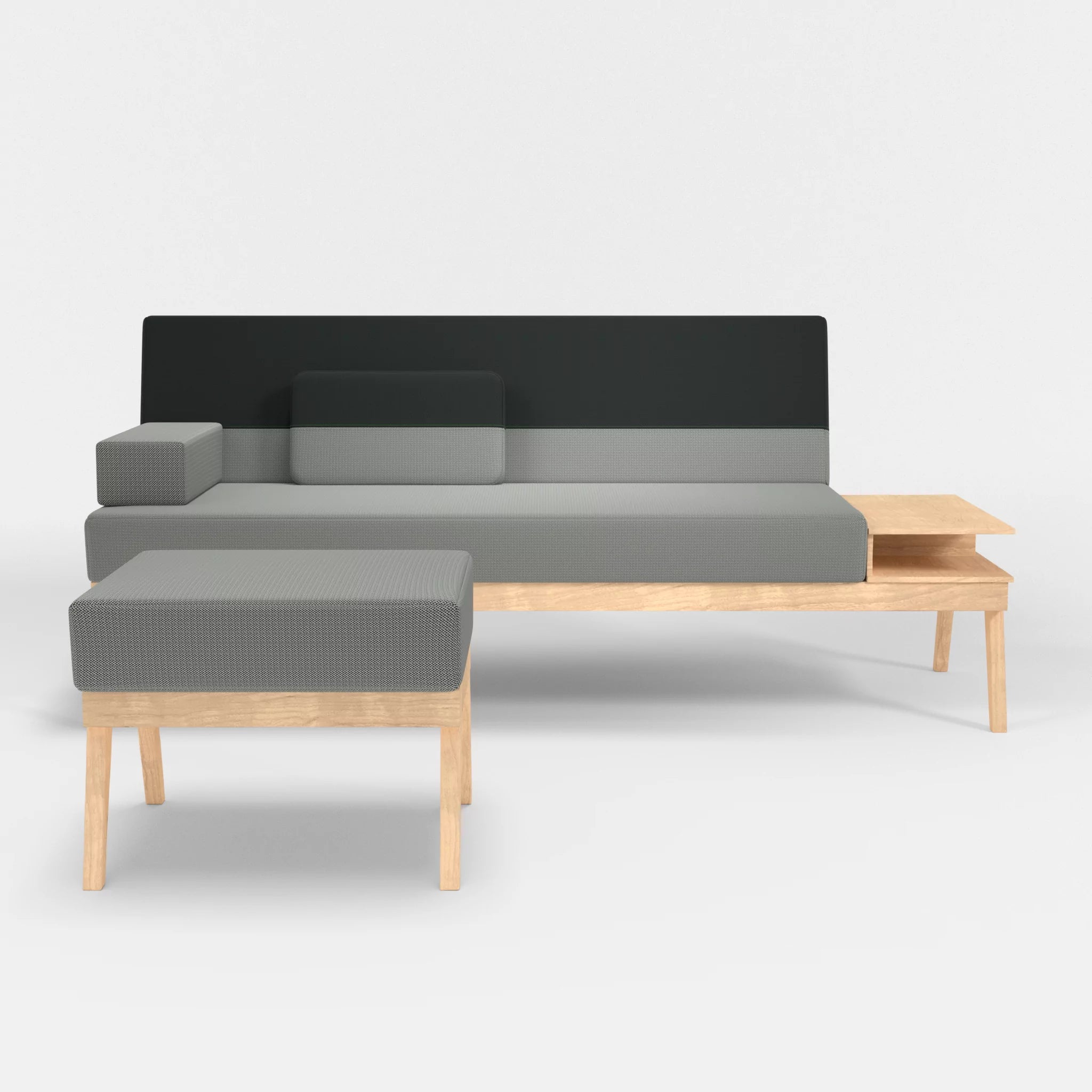 3er Sitzsofa Bauz mit Ablage rechts und Pouf credopepper-credoblack in Dunkelgrau und Schwarz von vorne