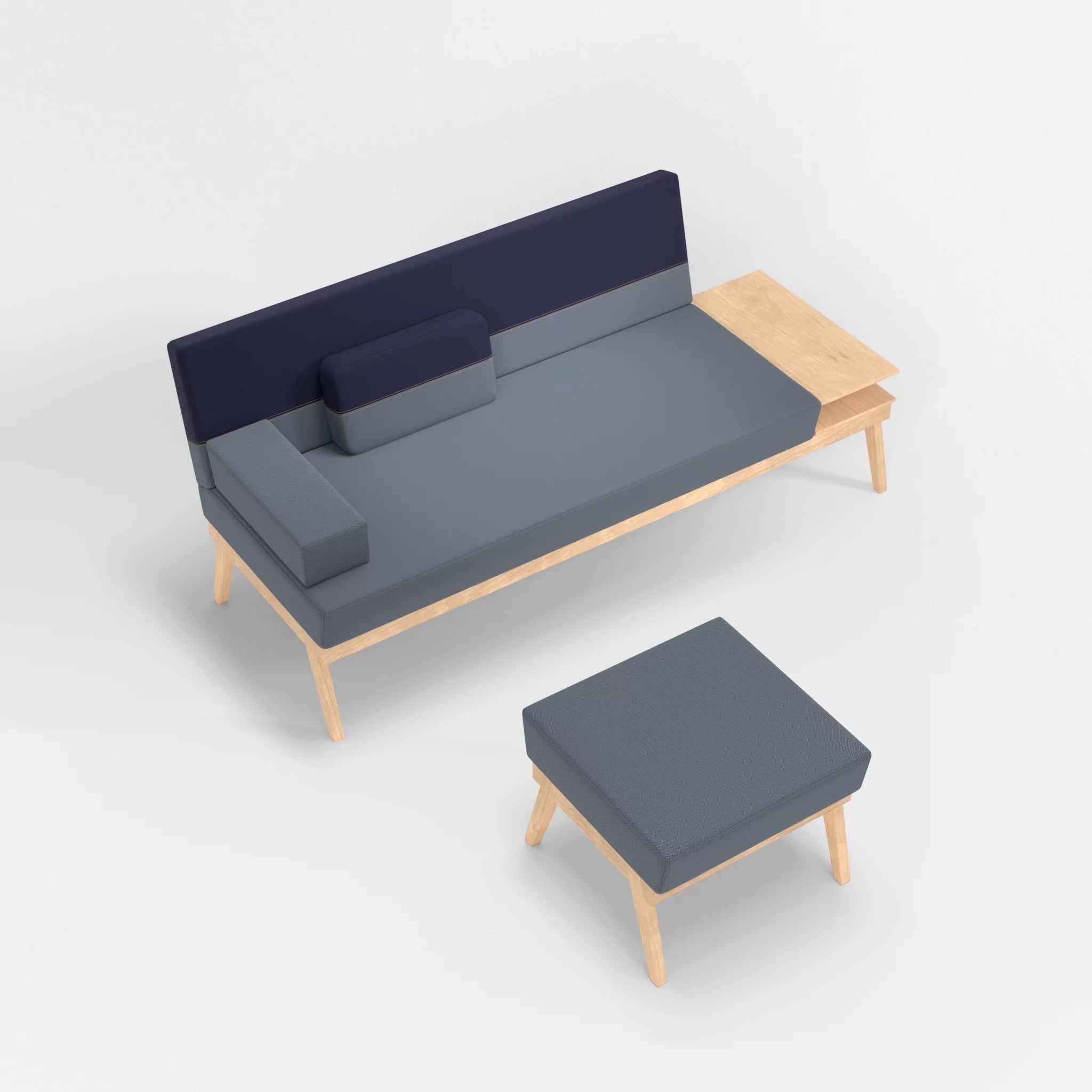 3er Sitzsofa Bauz mit Ablage rechts und Pouf credosea-credonavy in Blau und Navy von oben