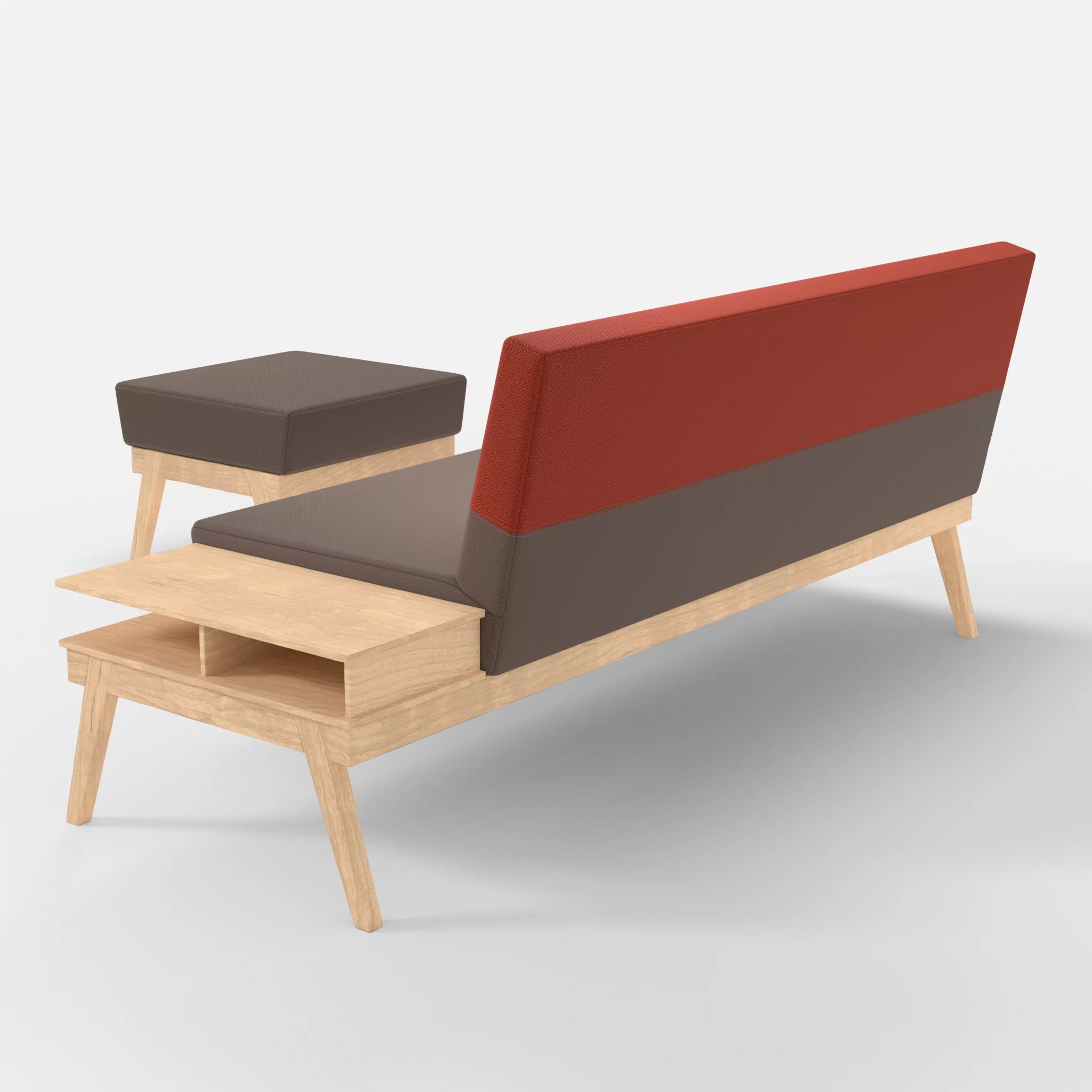 3er Sitzsofa Bauz mit Ablage rechts und Pouf credowalnut-credolampion in Dunkelgrau und Rot von hinten