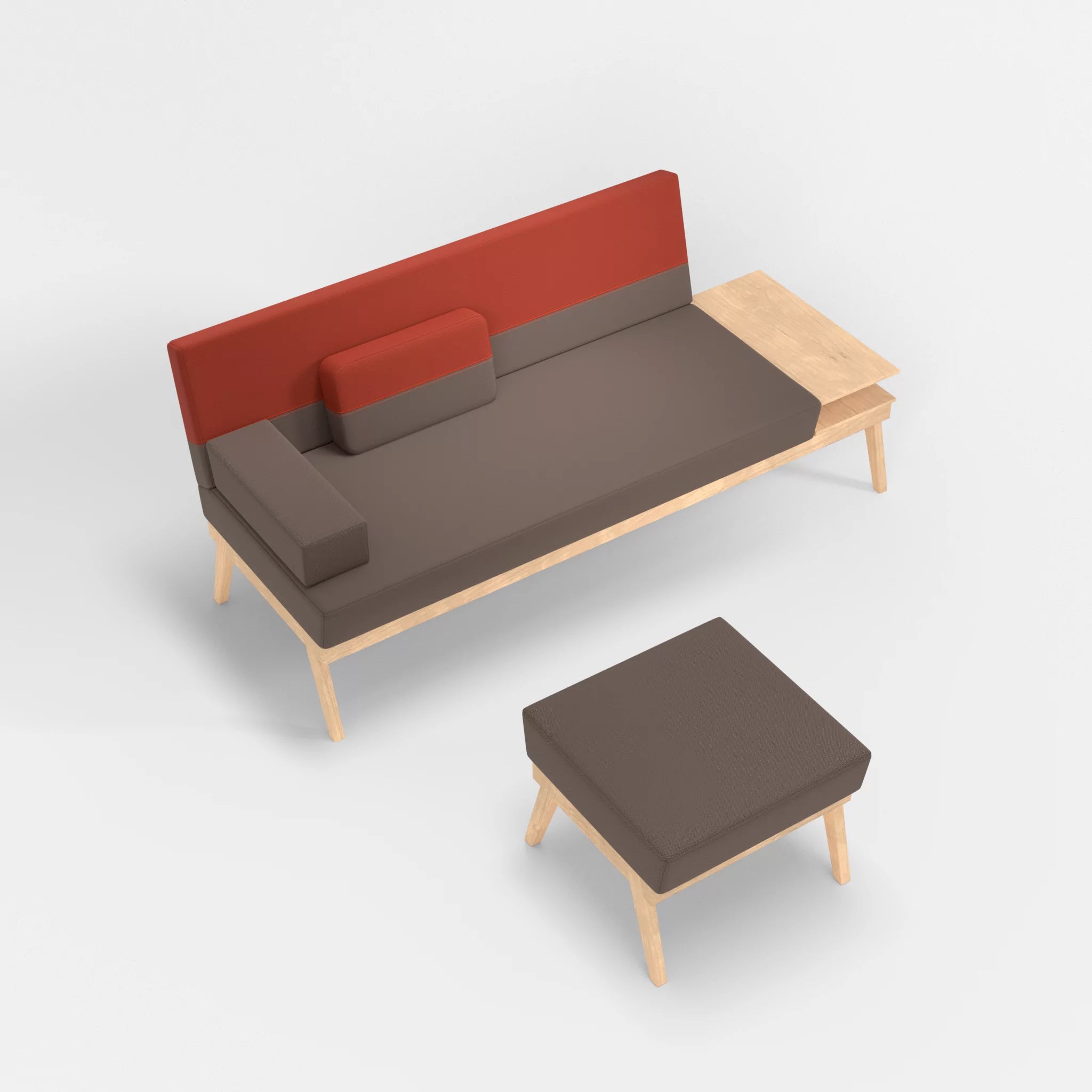 3er Sitzsofa Bauz mit Ablage rechts und Pouf credowalnut-credolampion in Dunkelgrau und Rot von oben