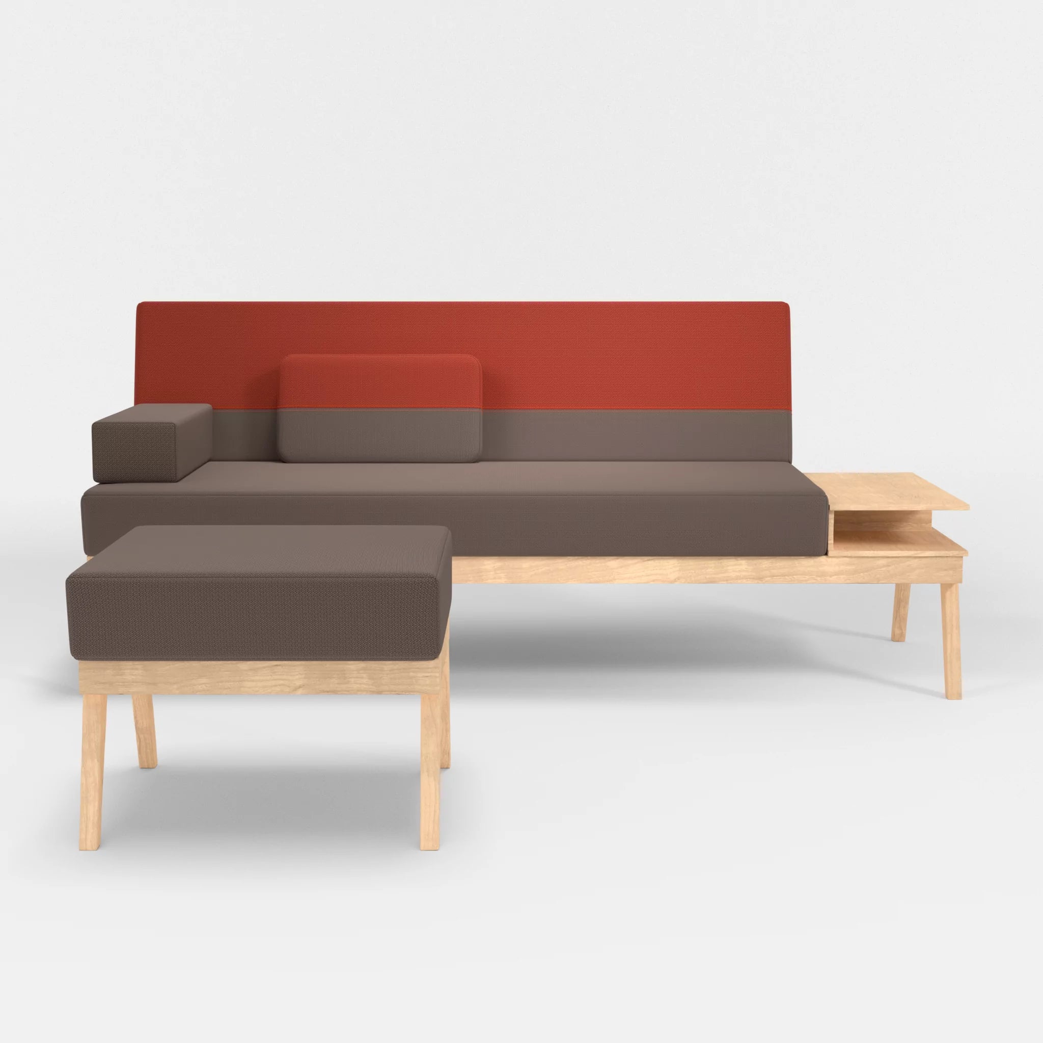 3er Sitzsofa Bauz mit Ablage rechts und Pouf credowalnut-credolampion in Dunkelgrau und Rot von vorne