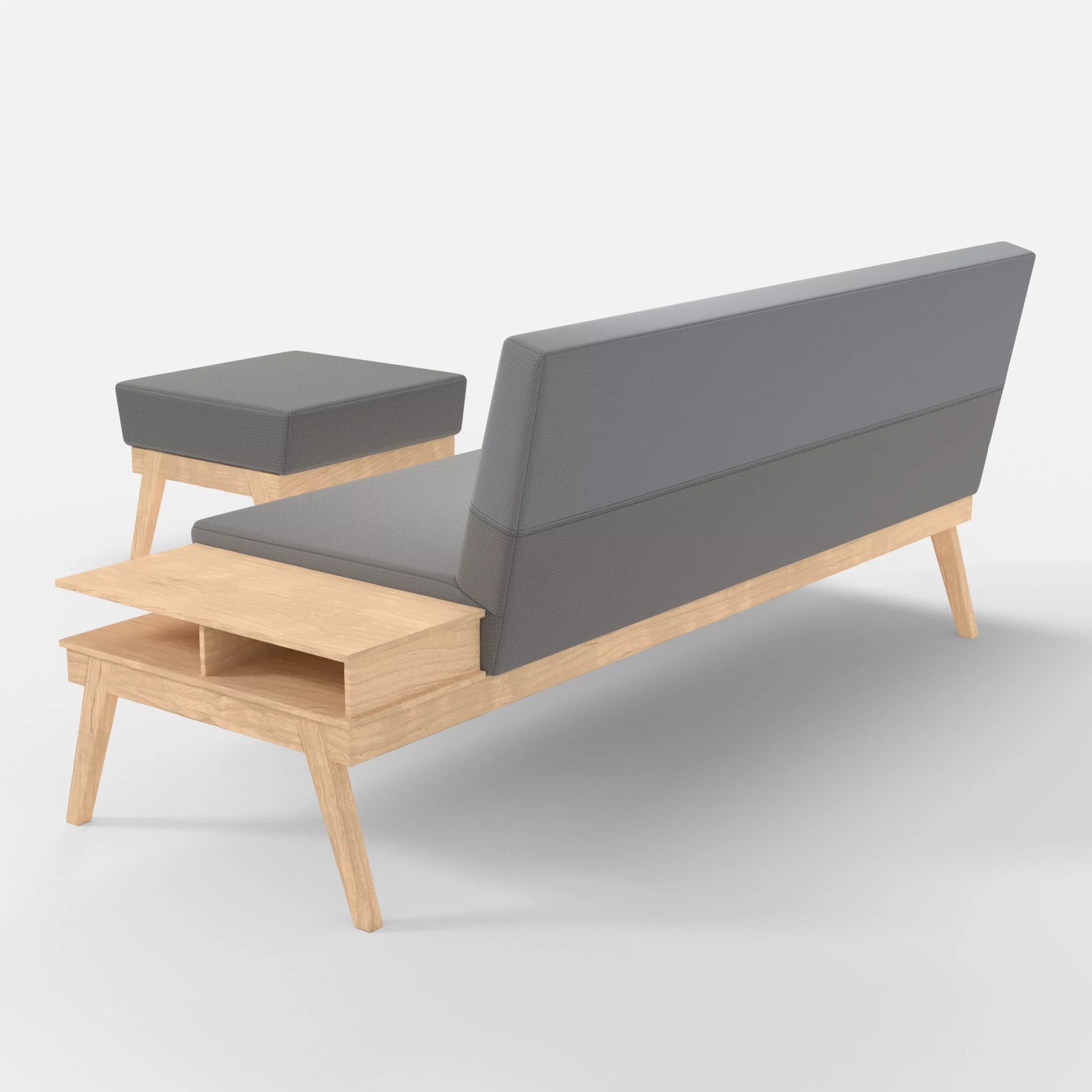3er Sitzsofa Bauz mit Ablage rechts und Pouf credozinn-credochalk in Mittelgrau und Hellgrau von hinten