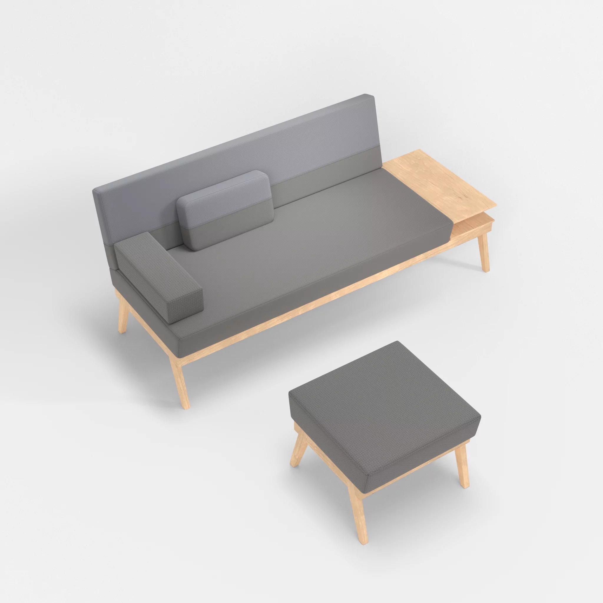 3er Sitzsofa Bauz mit Ablage rechts und Pouf credozinn-credochalk in Mittelgrau und Hellgrau von oben