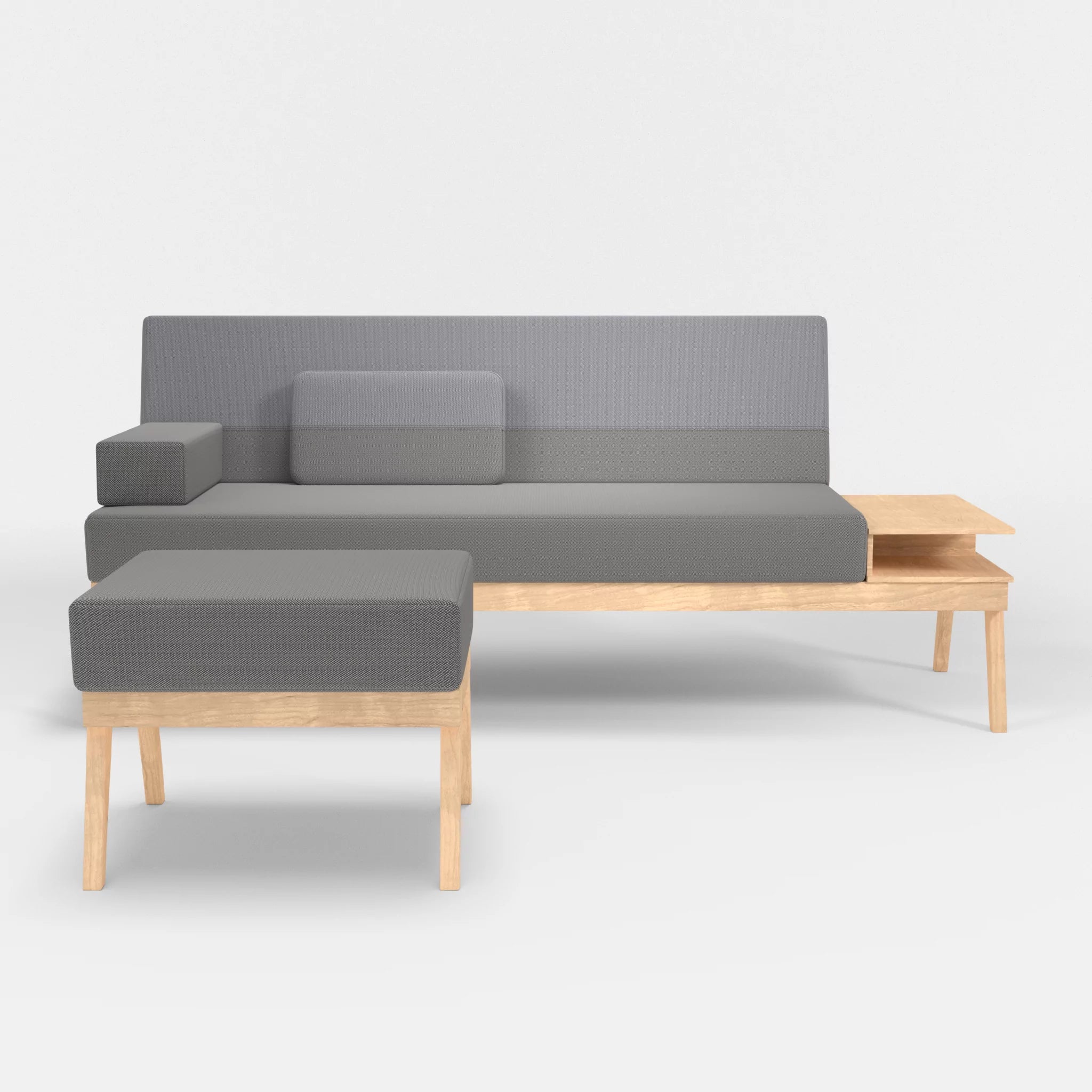 3er Sitzsofa Bauz mit Ablage rechts und Pouf credozinn-credochalk in Mittelgrau und Hellgrau von vorne