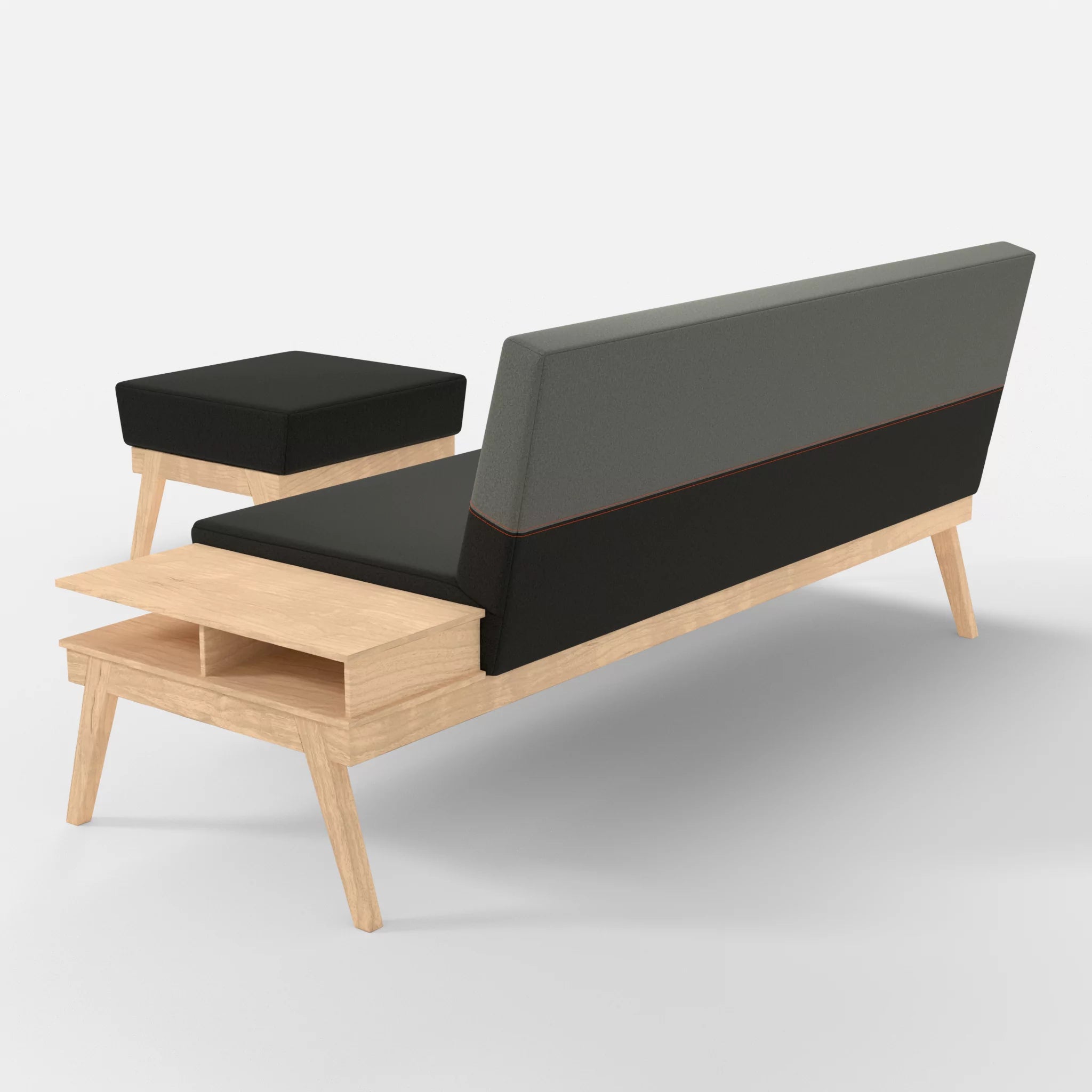 3er Sitzsofa Bauz mit Ablage rechts und Pouf dama0002-dama0003 in Anthrazit und Mittelgrau von hinten