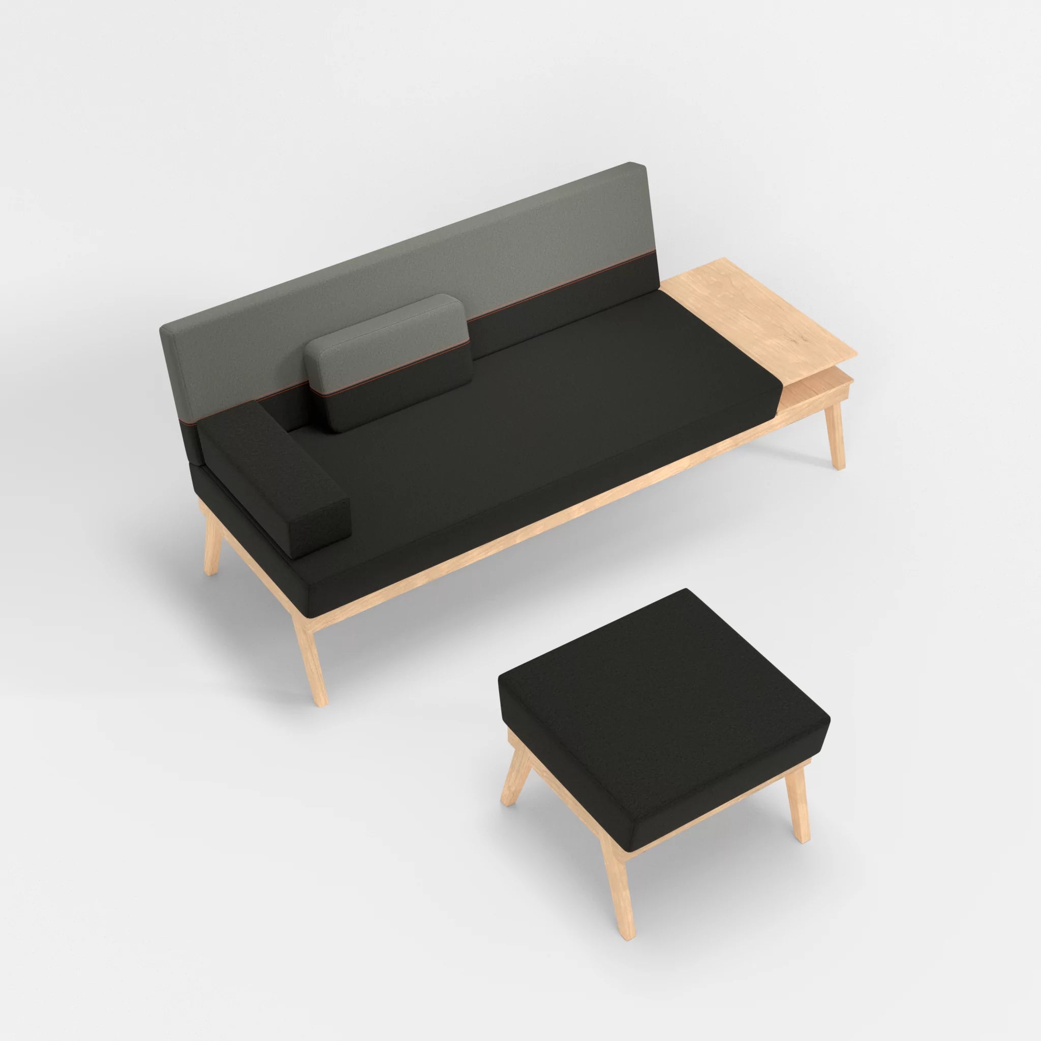 3er Sitzsofa Bauz mit Ablage rechts und Pouf dama0002-dama0003 in Anthrazit und Mittelgrau von oben