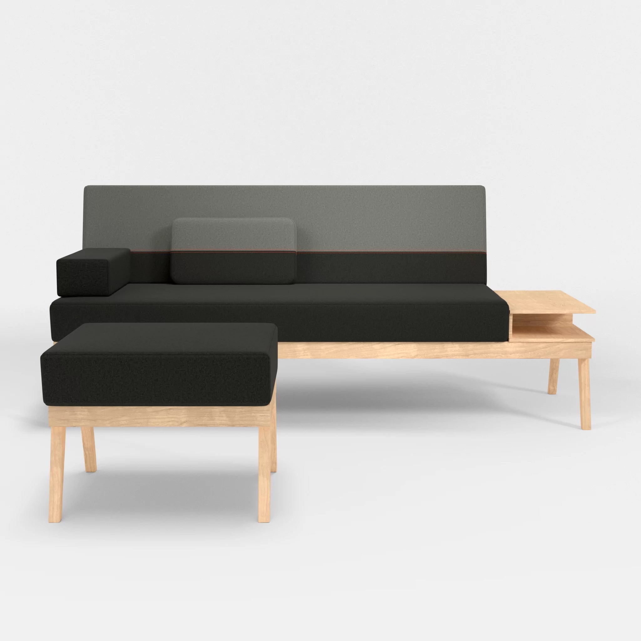 3er Sitzsofa Bauz mit Ablage rechts und Pouf dama0002-dama0003 in Anthrazit und Mittelgrau von vorne
