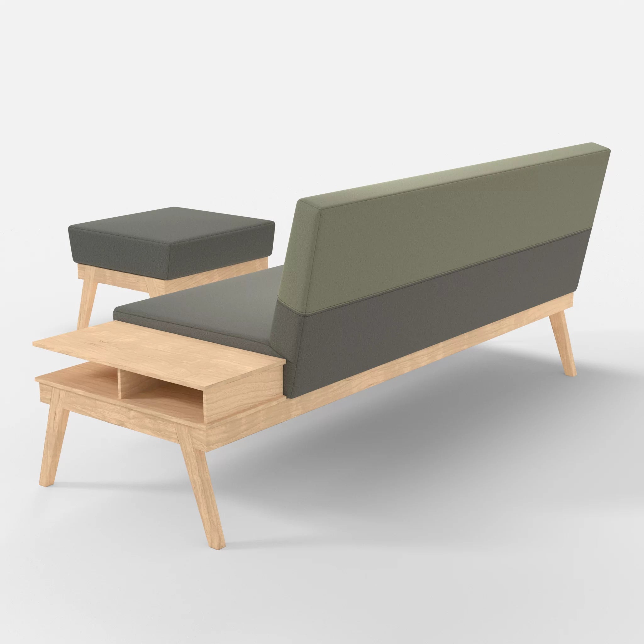 3er Sitzsofa Bauz mit Ablage rechts und Pouf dama0003-dama0057 in Mittelgrau und Hellgrau von hinten