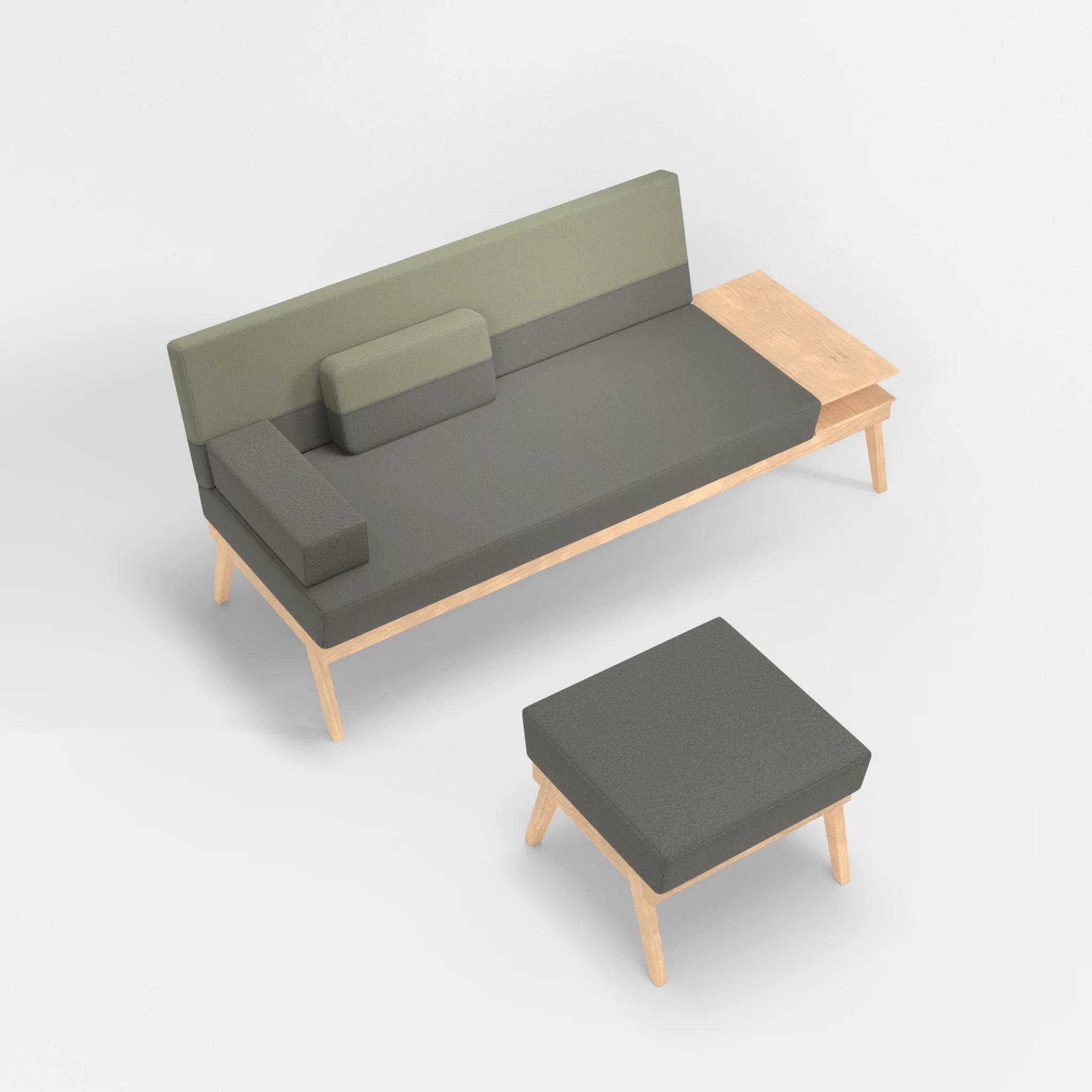 3er Sitzsofa Bauz mit Ablage rechts und Pouf dama0003-dama0057 in Mittelgrau und Hellgrau von oben