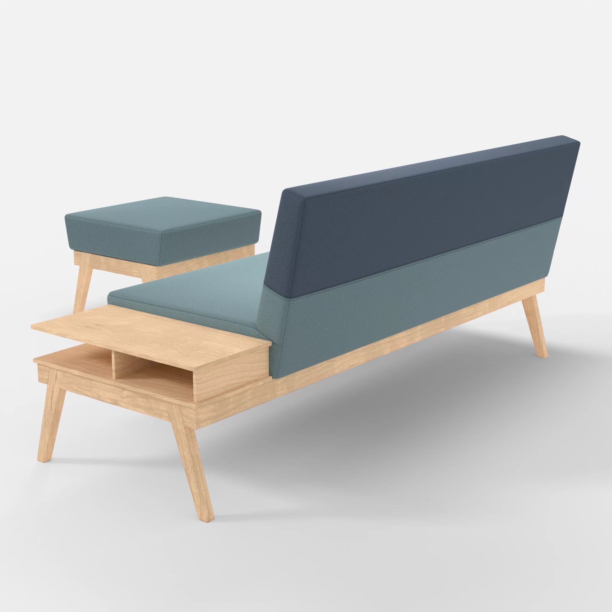 3er Sitzsofa Bauz mit Ablage rechts und Pouf dama0016-dama0075 in Hellblau und Blau von hinten