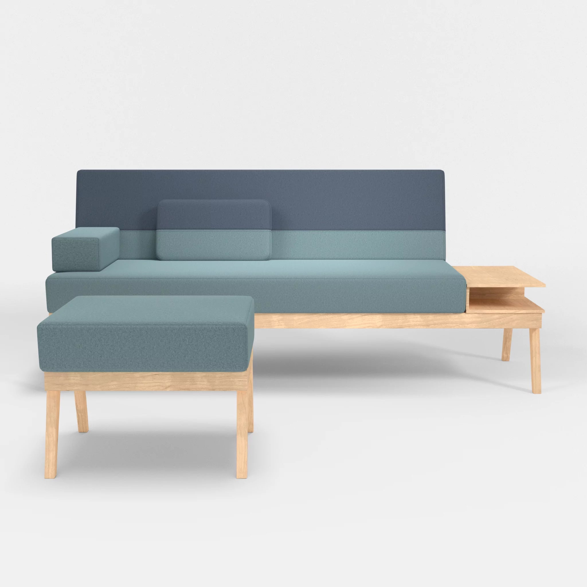 3er Sitzsofa Bauz mit Ablage rechts und Pouf dama0016-dama0075 in Hellblau und Blau von vorne