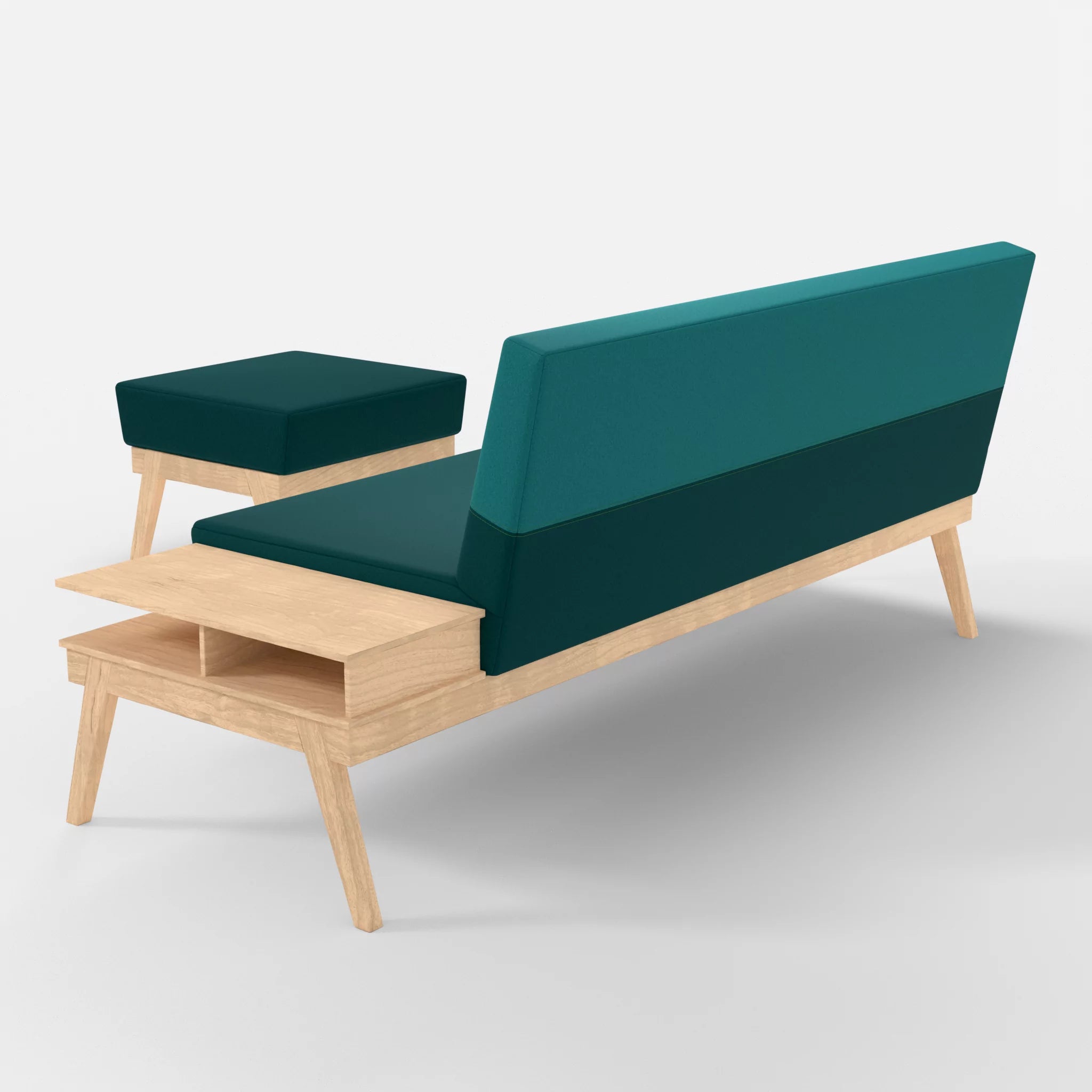 3er Sitzsofa Bauz mit Ablage rechts und Pouf dama0018-dama0076 in Türkis und Türkis von hinten