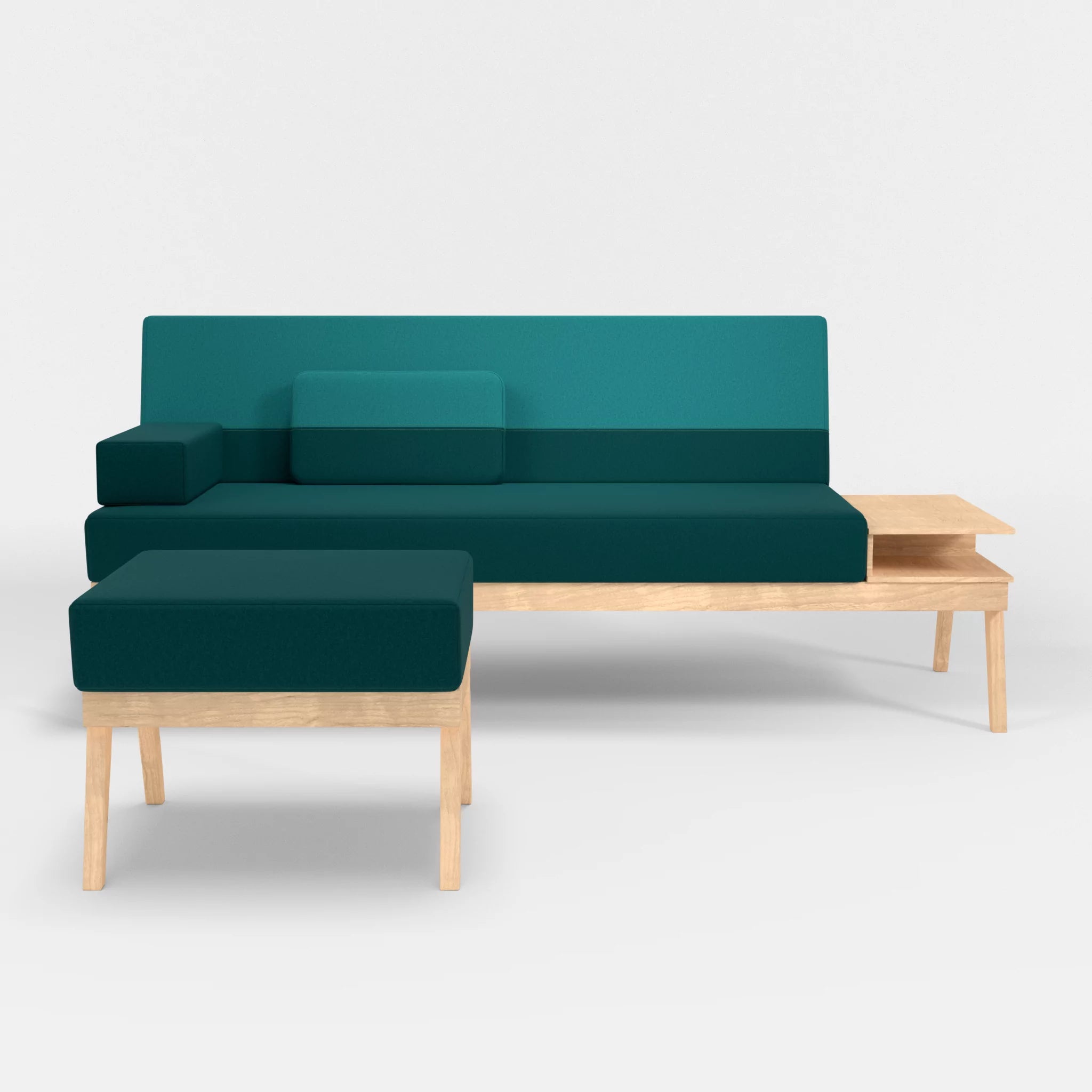 3er Sitzsofa Bauz mit Ablage rechts und Pouf dama0018-dama0076 in Türkis und Türkis von vorne