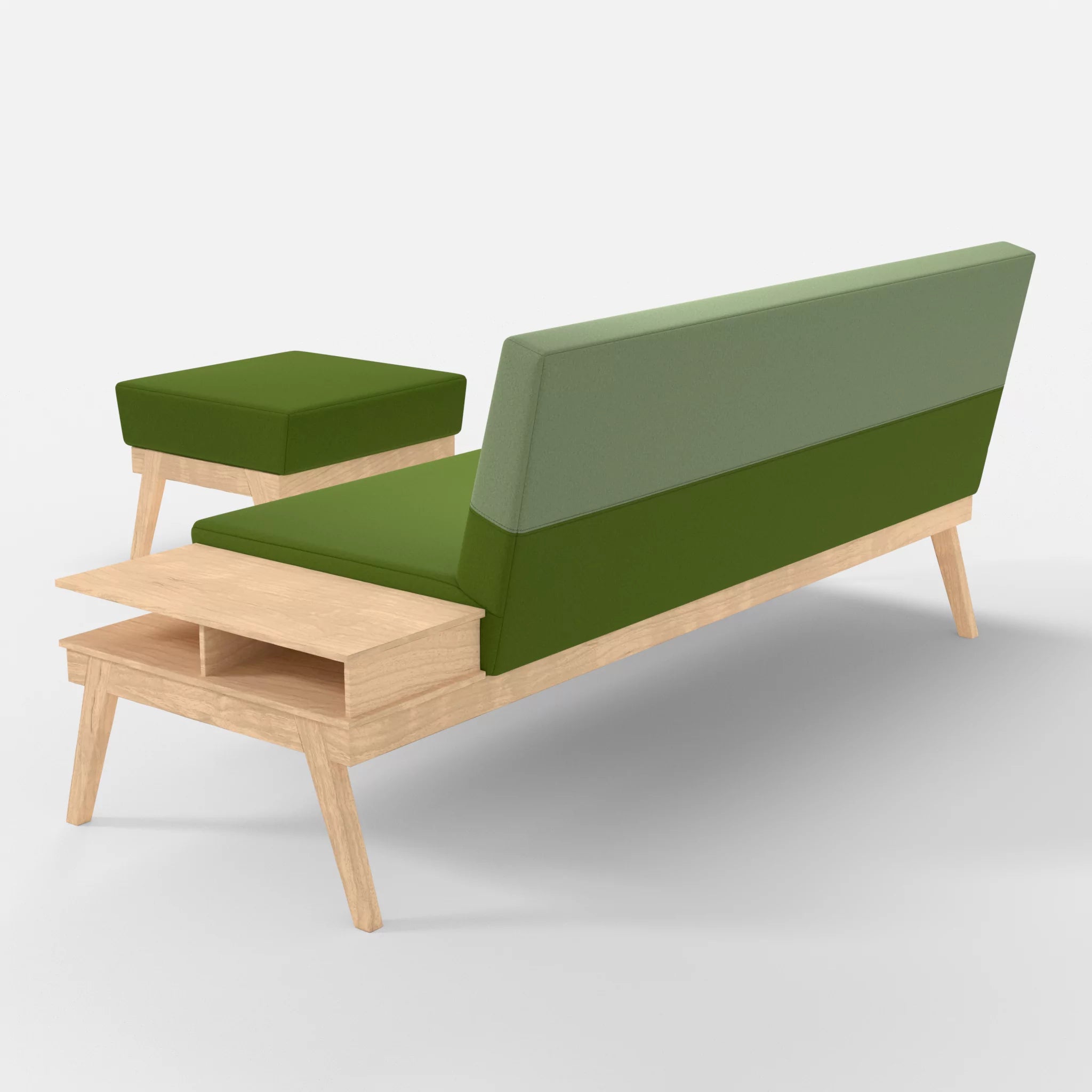 3er Sitzsofa Bauz mit Ablage rechts und Pouf dama0027-dama0042 in Grün und Hellgrün von hinten