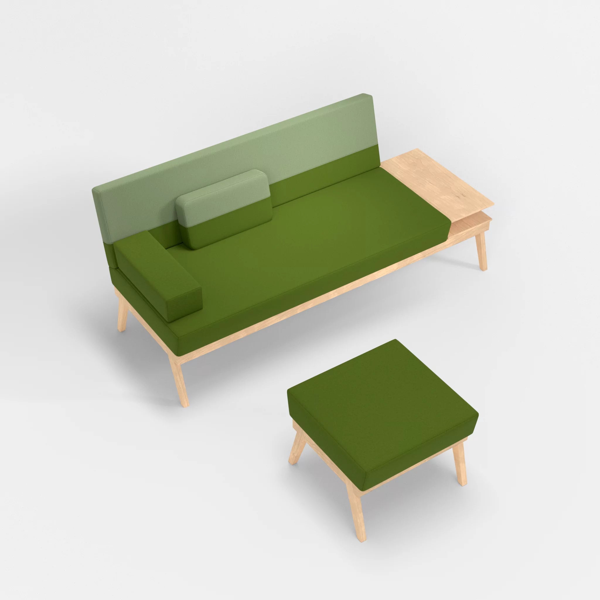 3er Sitzsofa Bauz mit Ablage rechts und Pouf dama0027-dama0042 in Grün und Hellgrün von oben